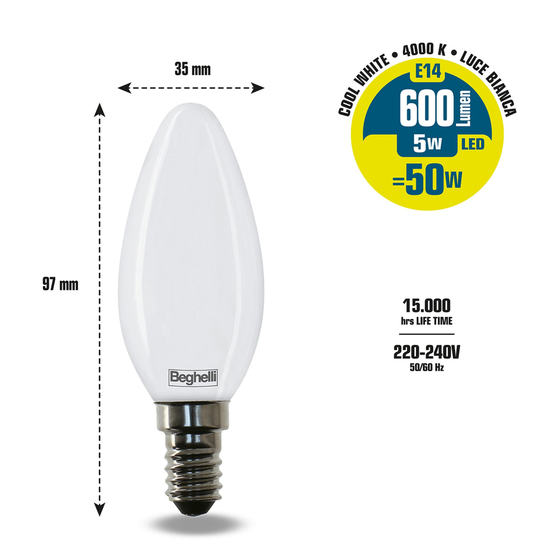 Biała żarówka LED Beghelli z gwintem E14, o długości 97 mm.