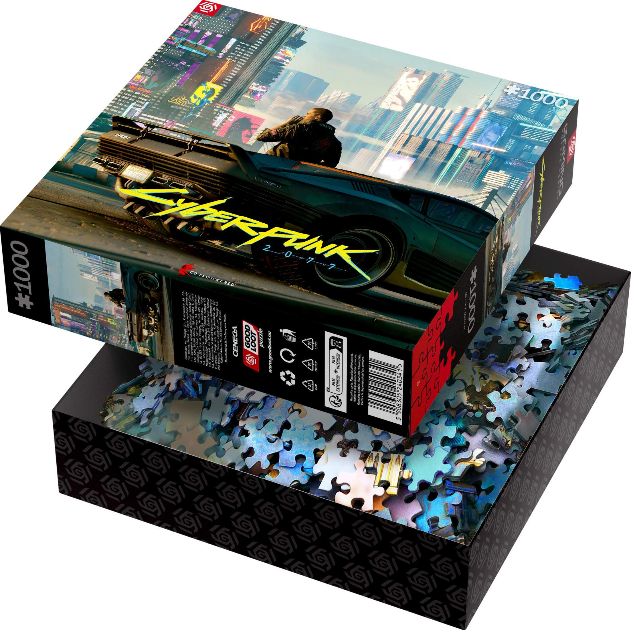 Puzzle-Schachtel mit Cyberpunk 2077-Motiv: Mann auf Auto vor futuristischer Stadt.