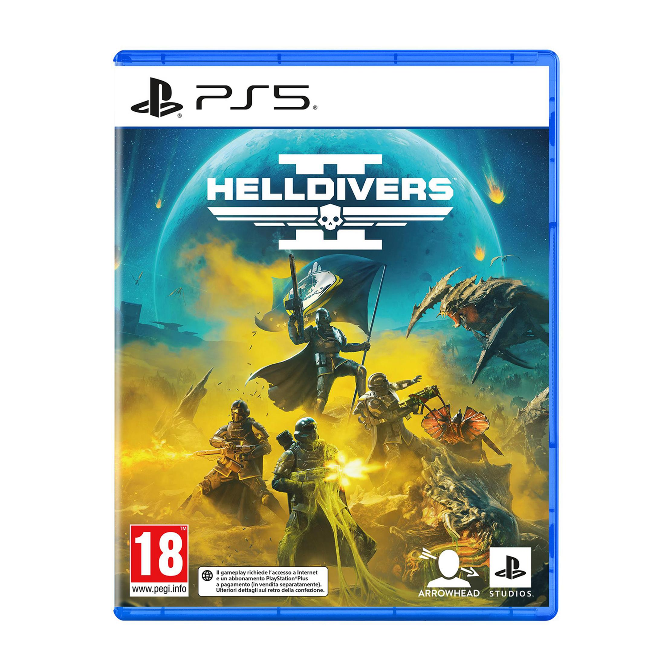 Copertina gioco Helldivers PS5 con soldati che combattono su un mondo alieno.