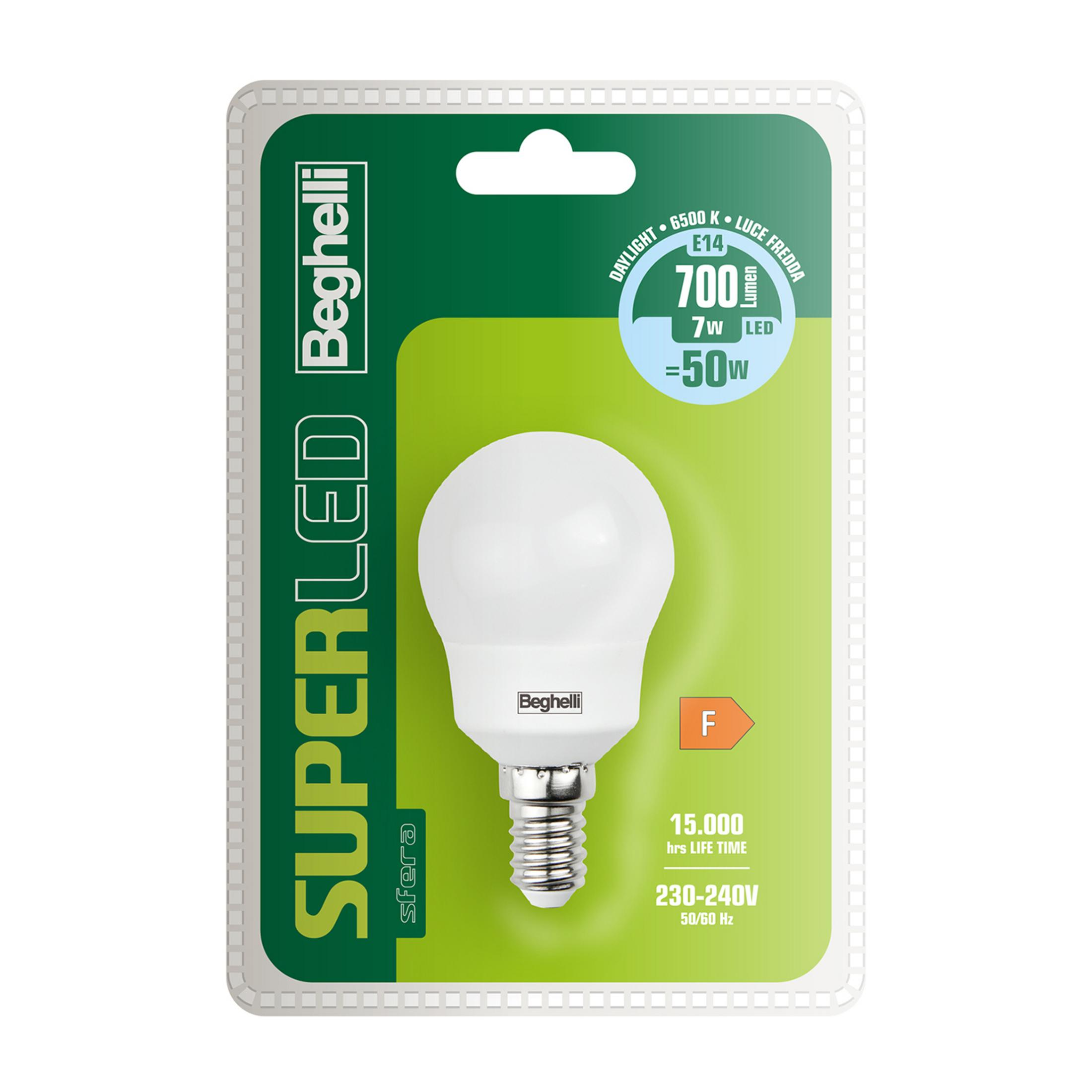 Opakowanie białej żarówki LED Beghelli ze specyfikacją techniczną.