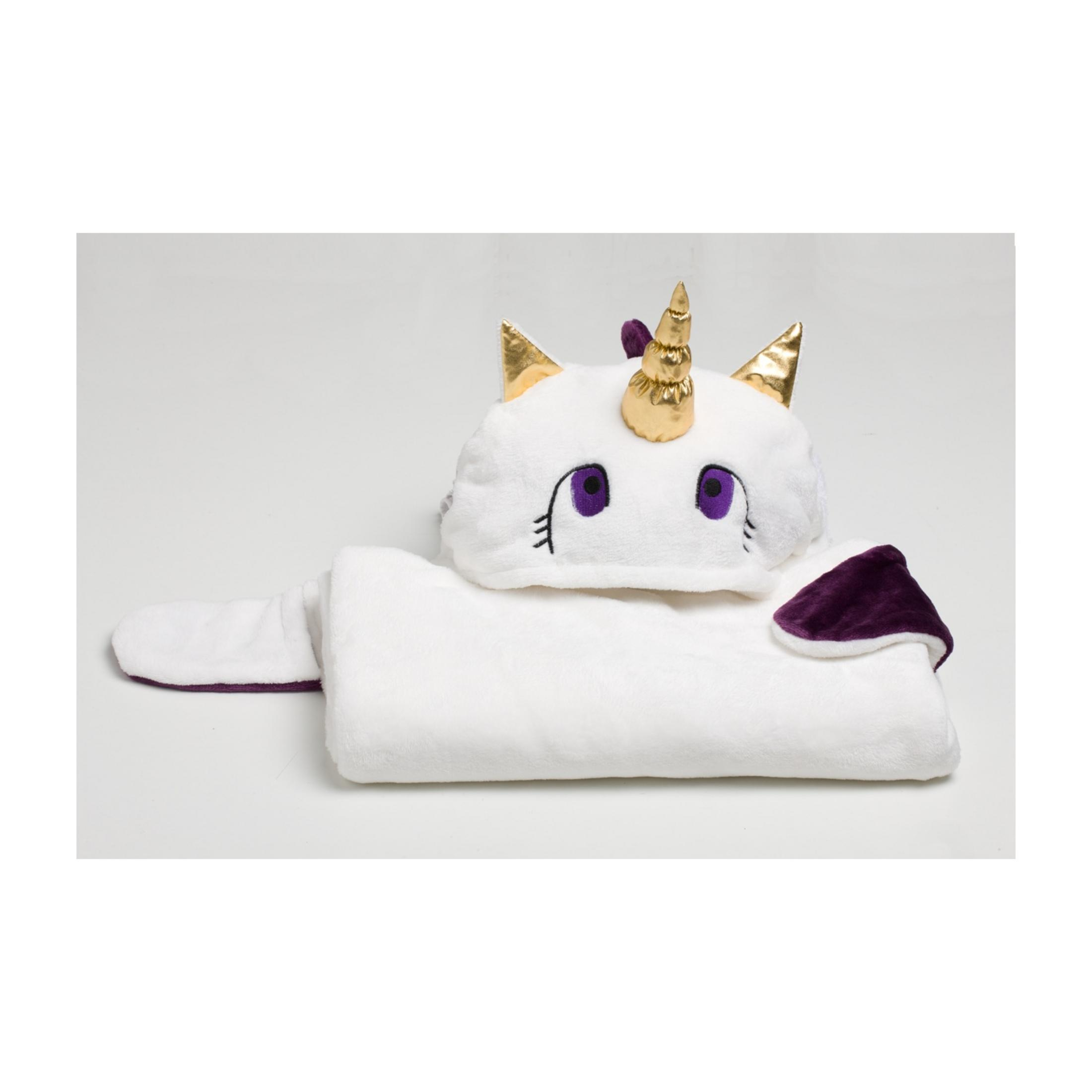 Coperta con cappuccio da unicorno bianca con corno dorato, occhi e orecchie viola.