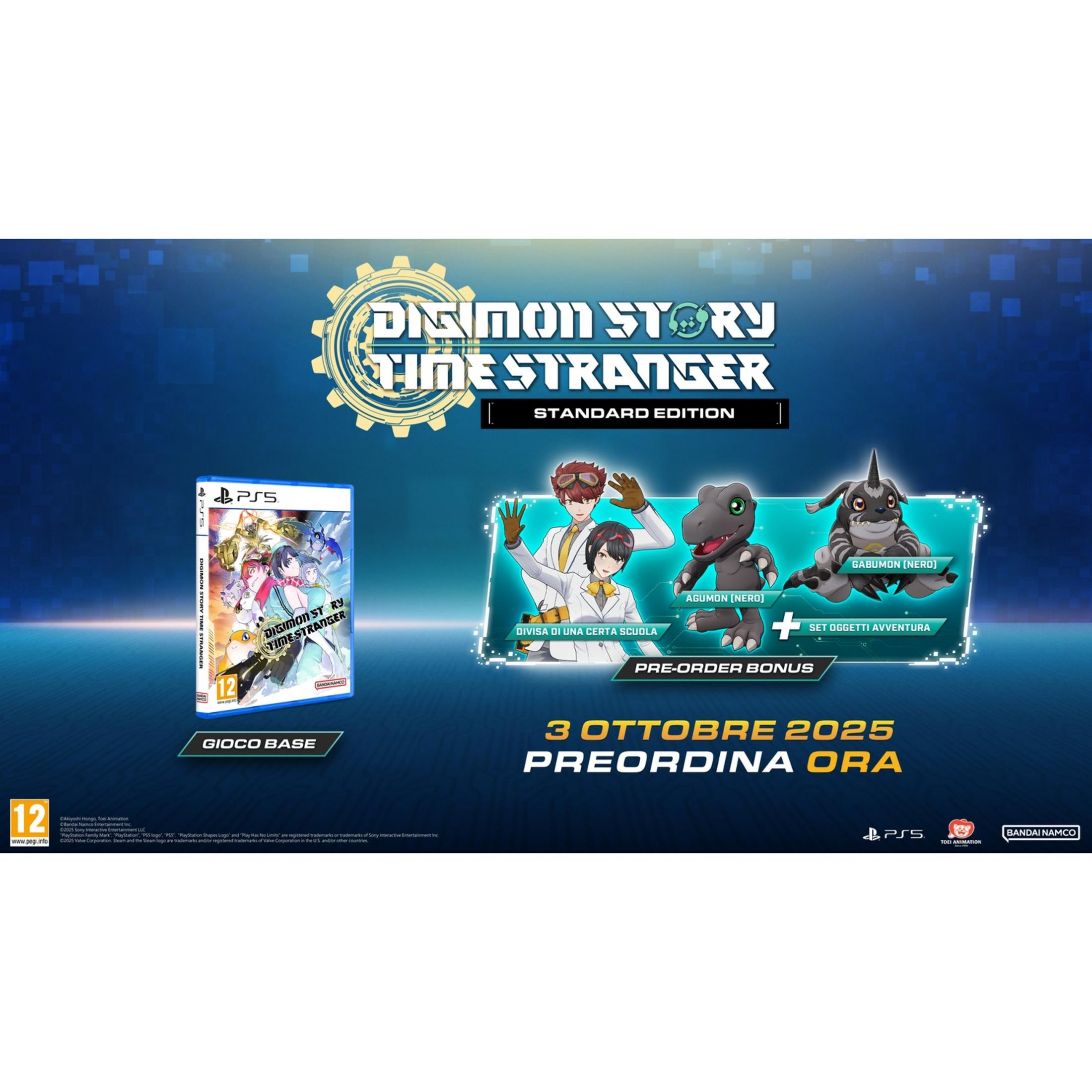 Gioco PS5 "Digimon Story: Time Stranger" con personaggi, Agumon e Gabumon.
