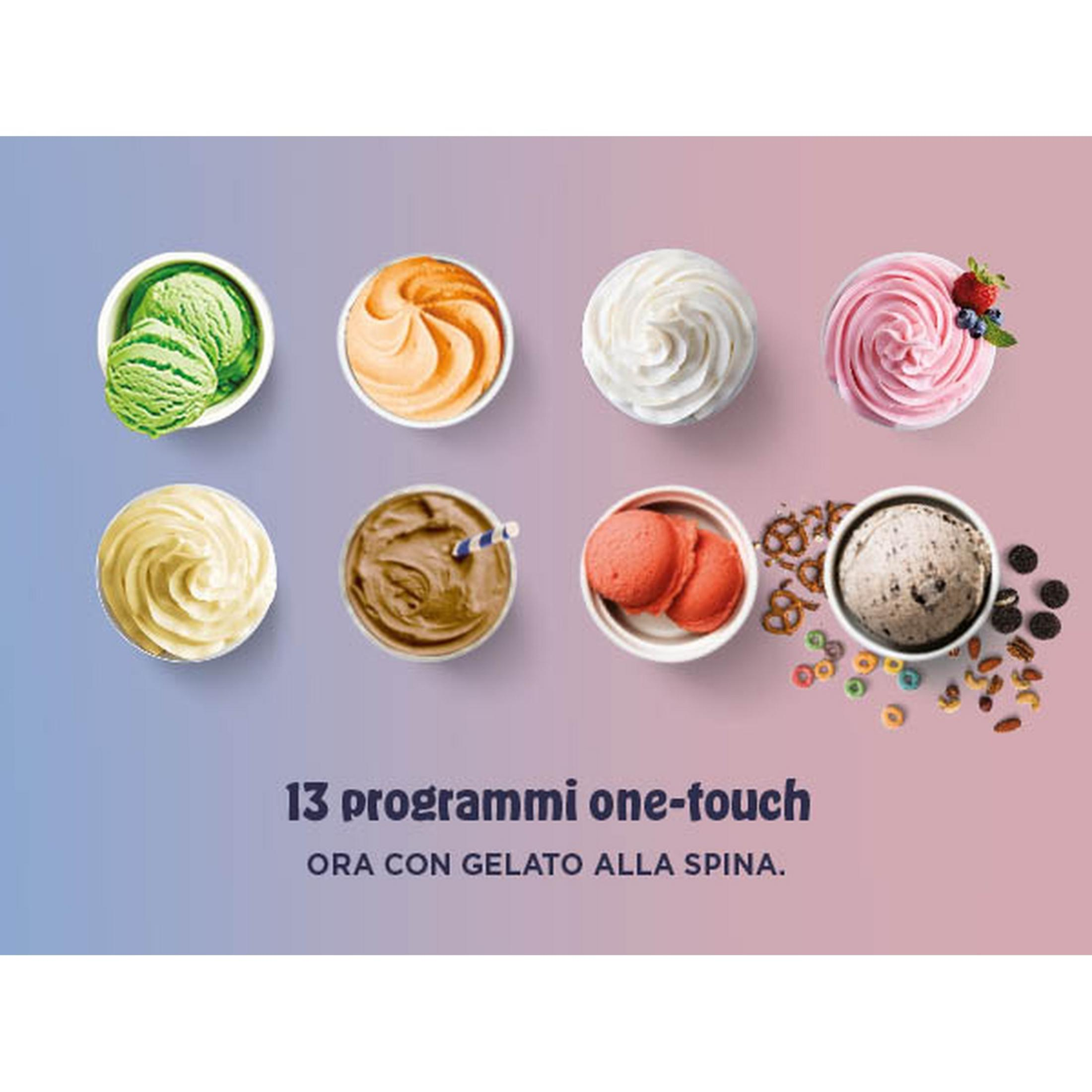 Acht Schalen mit Eiscreme und Toppings, die auf einem rosafarbenen und blauen Hintergrund angeordnet sind.