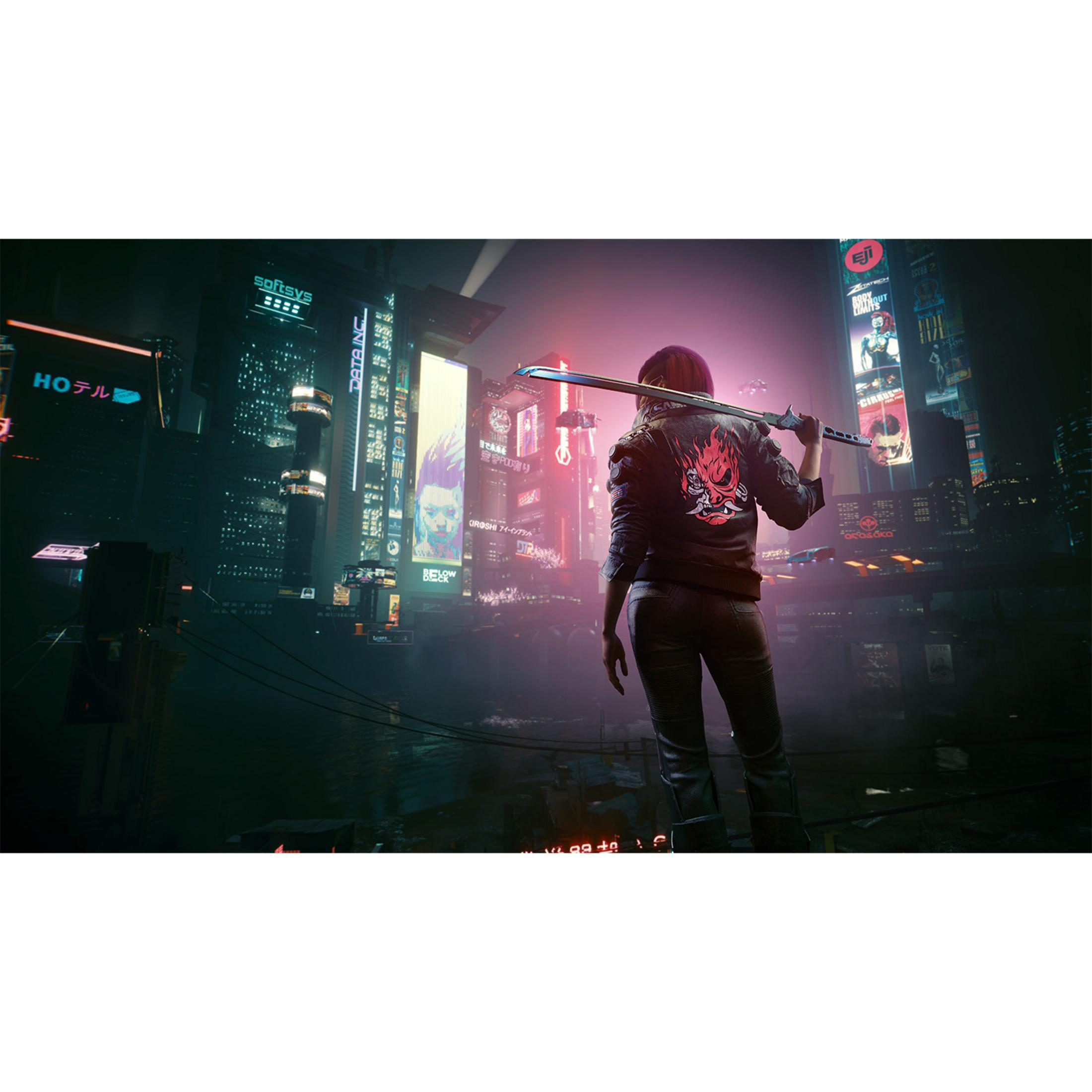 Una persona con una spada davanti a una città cyberpunk illuminata al neon con grattacieli.