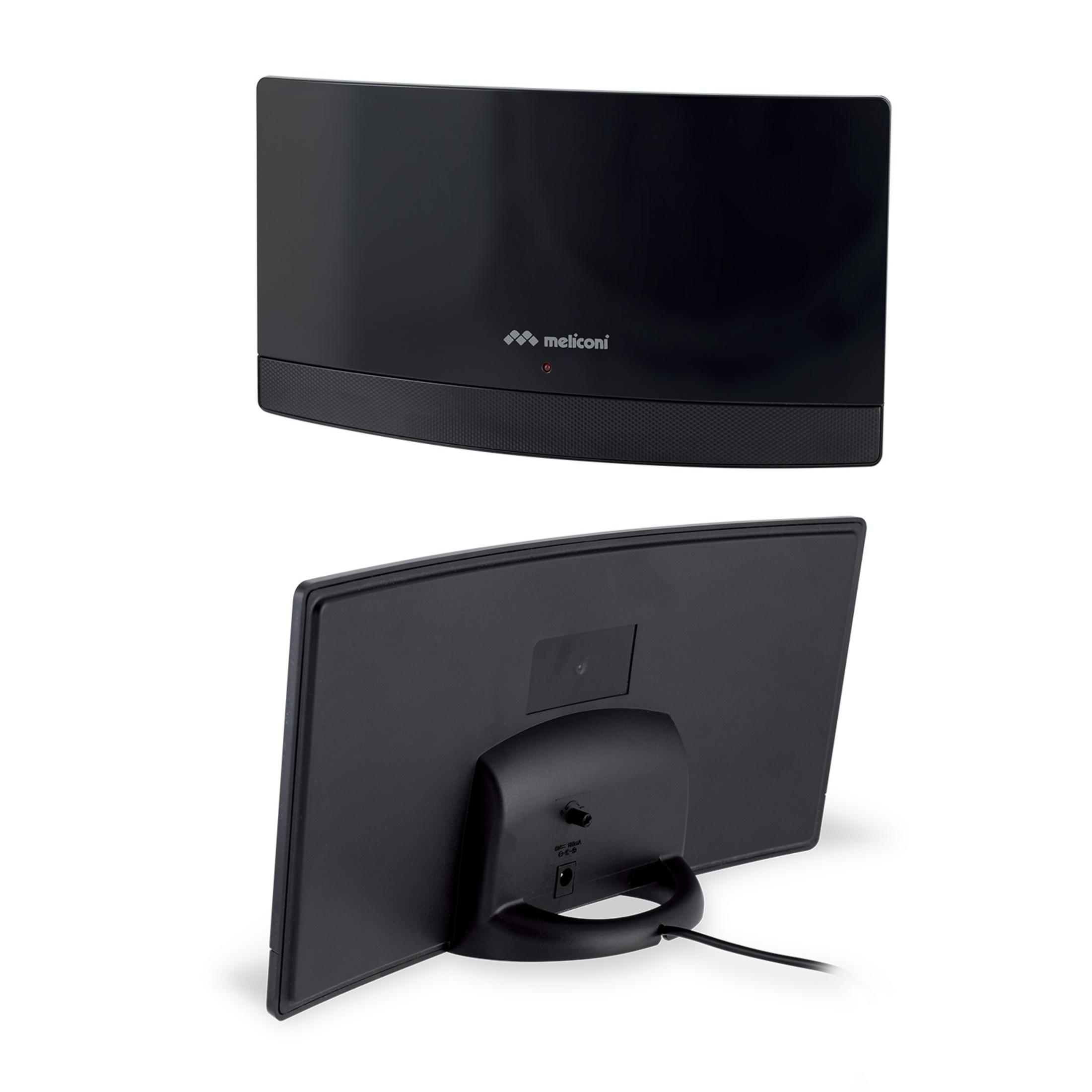 Czarny telewizor ze stojakiem i kablem na białym tle.