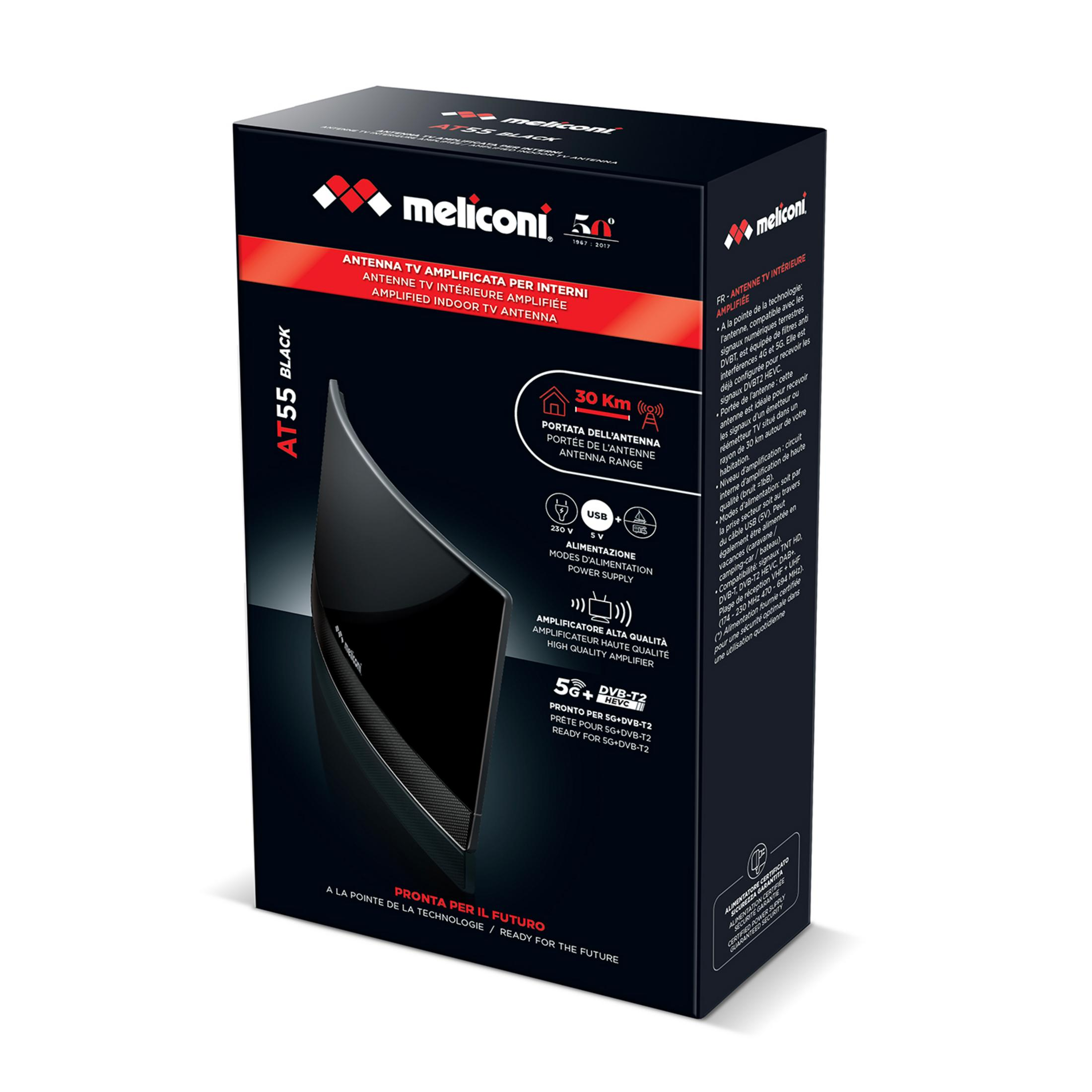 Opakowanie anteny Meliconi AT55 Black z produktem i detalami.