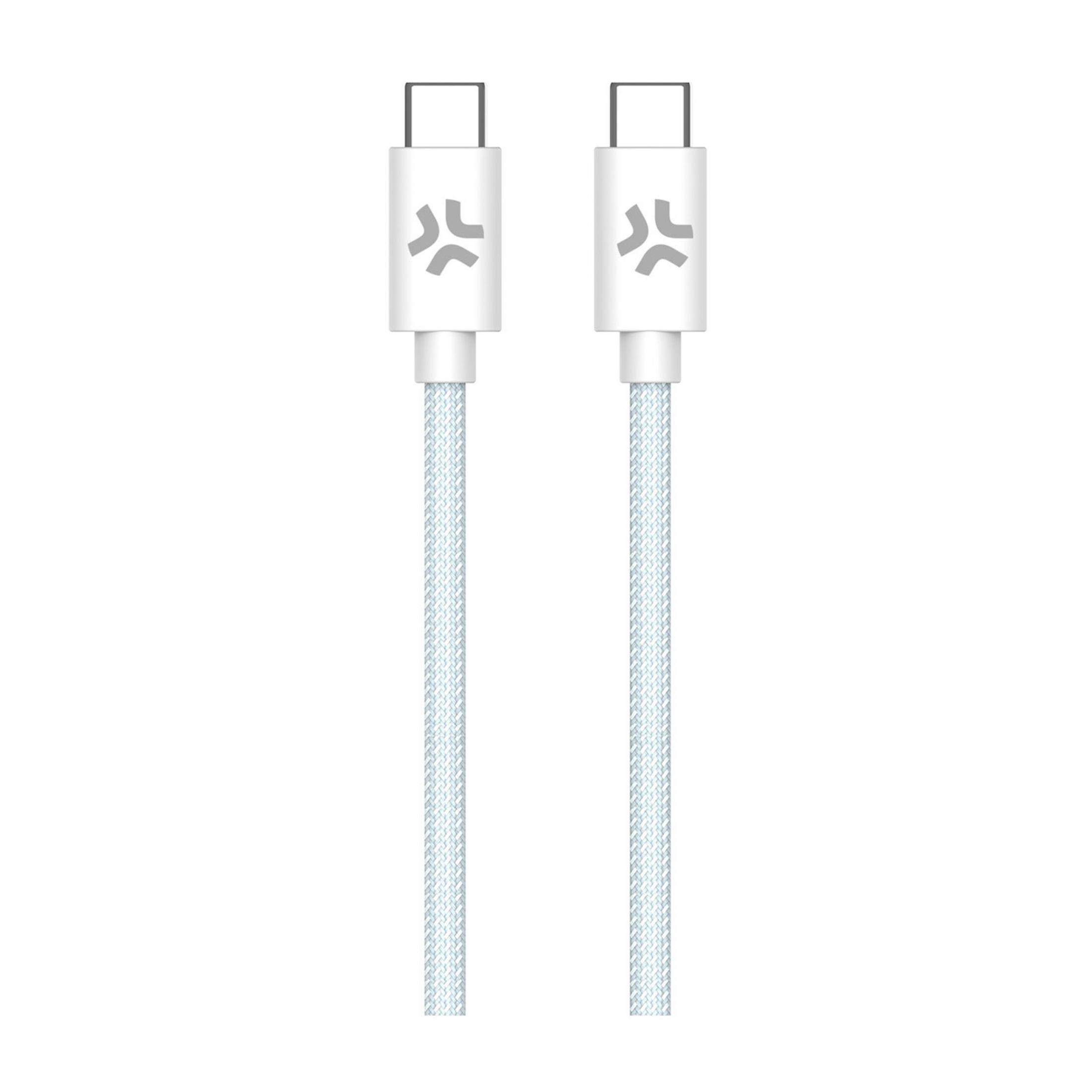 Due cavi USB-C bianchi con logo grigio su sfondo bianco.