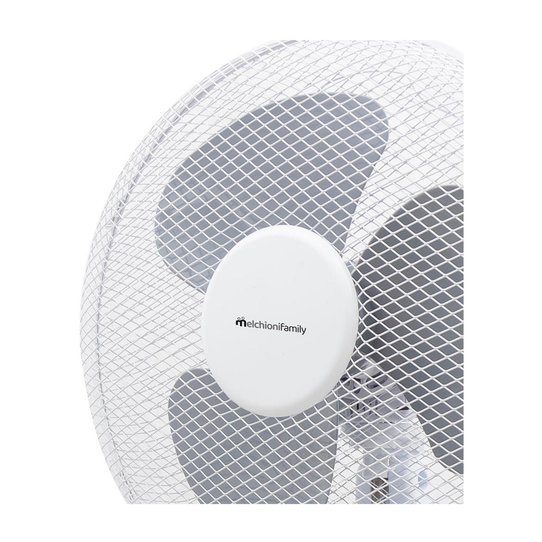 Primer plano de un ventilador blanco con rejilla y el logo "melchionifamily".