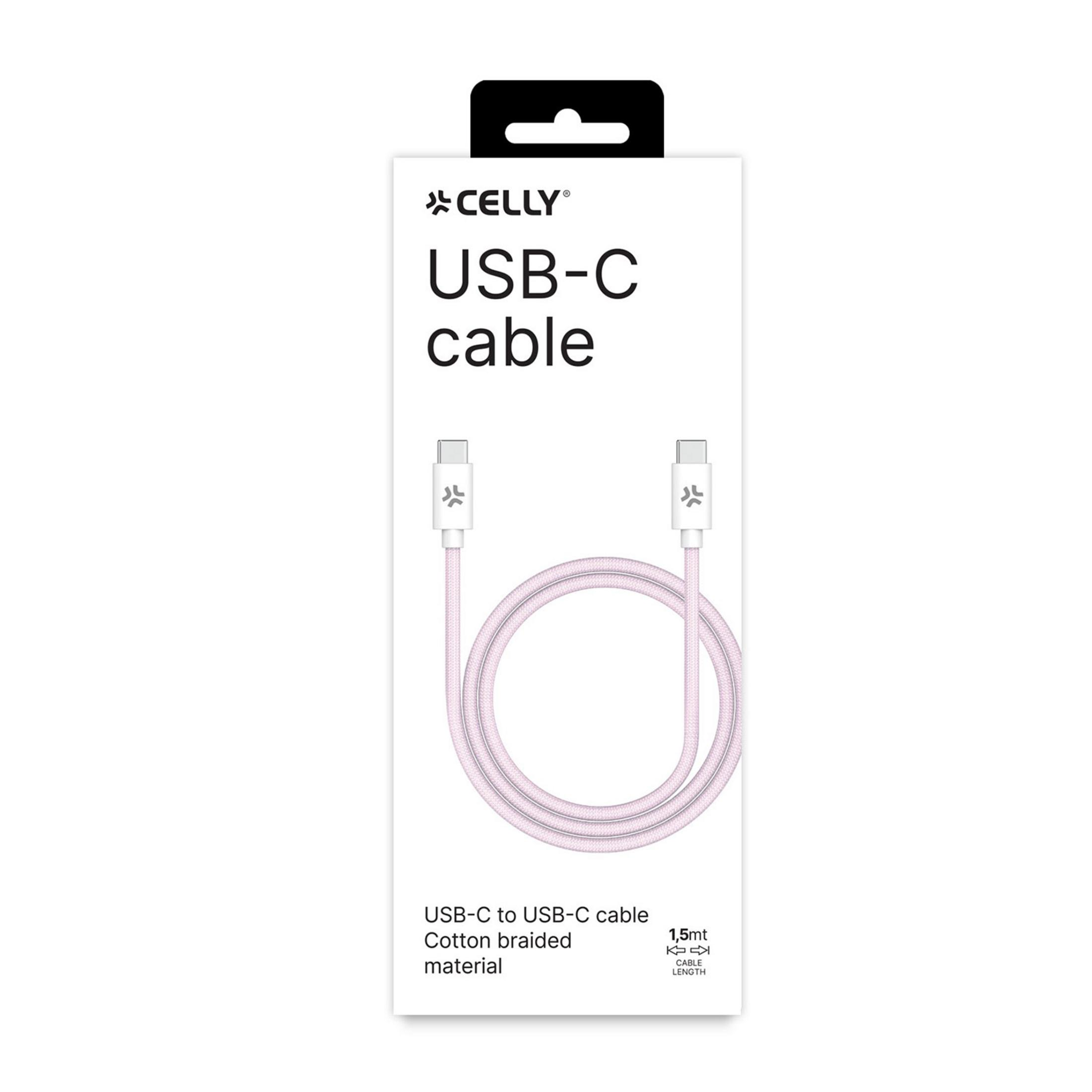 Rosa USB-C zu USB-C Kabel, Baumwollgeflecht, 1,5m Länge, in Verpackung.