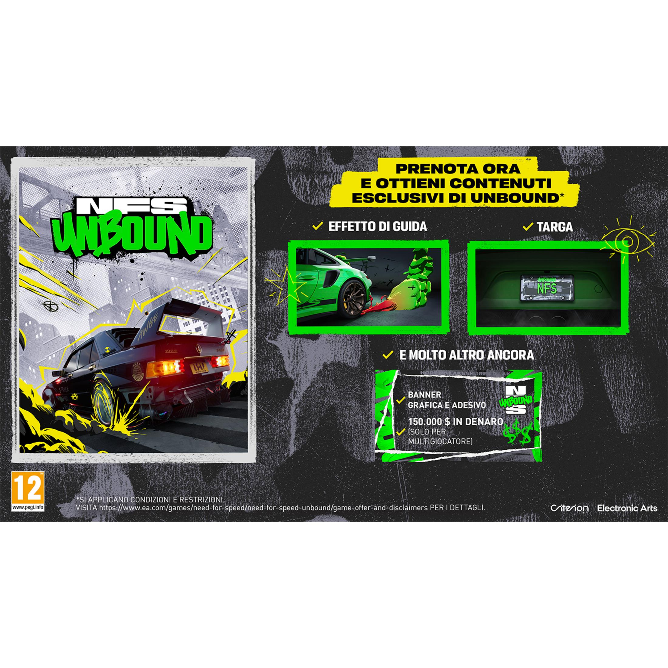 Need for Speed Unbound: Annuncio gioco corse con sfondo scuro, auto e contenuti esclusivi.