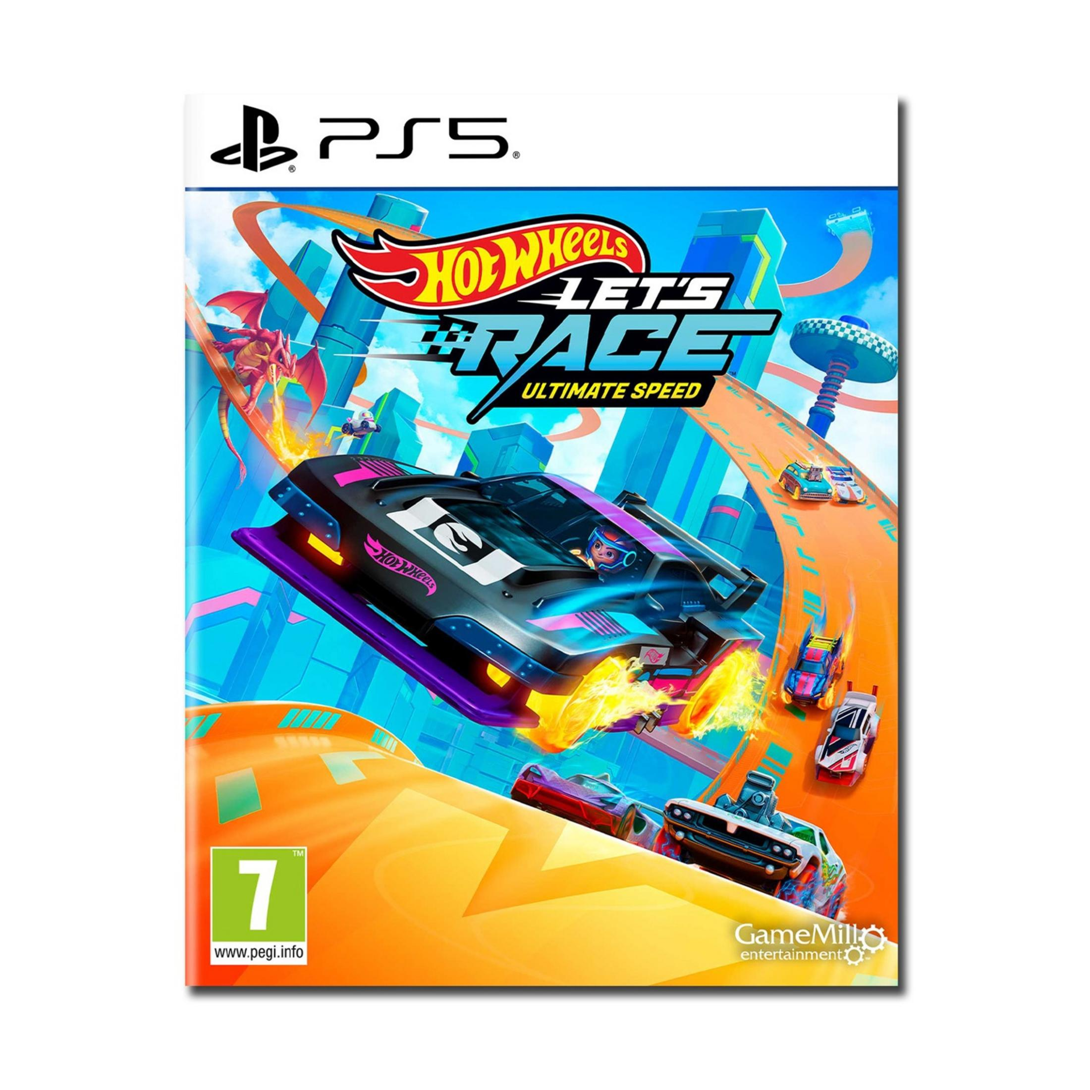 Copertina gioco Hot Wheels Let's Race PS5 con auto su pista e drago.