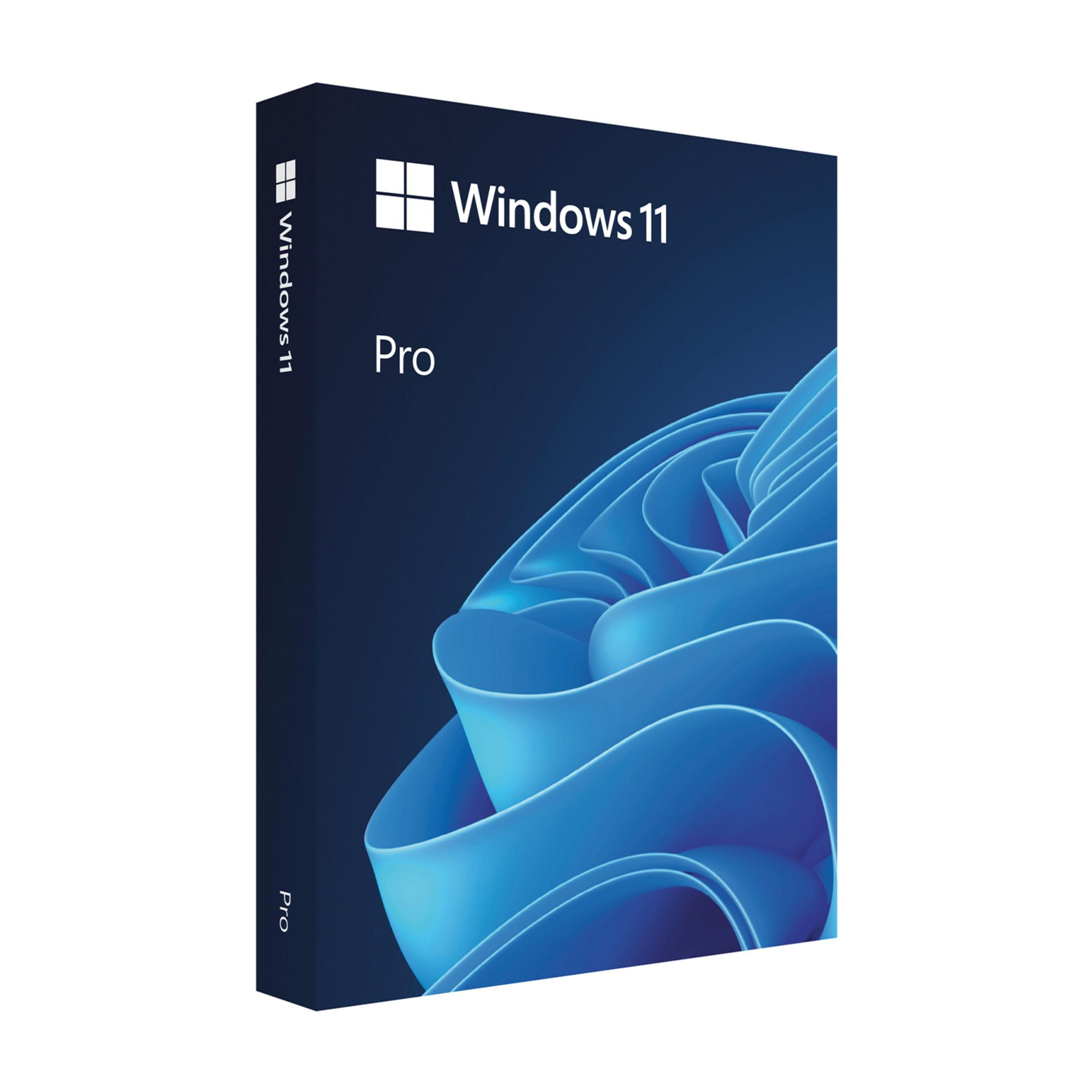 Scatola Windows 11 Pro con motivo a onde blu.