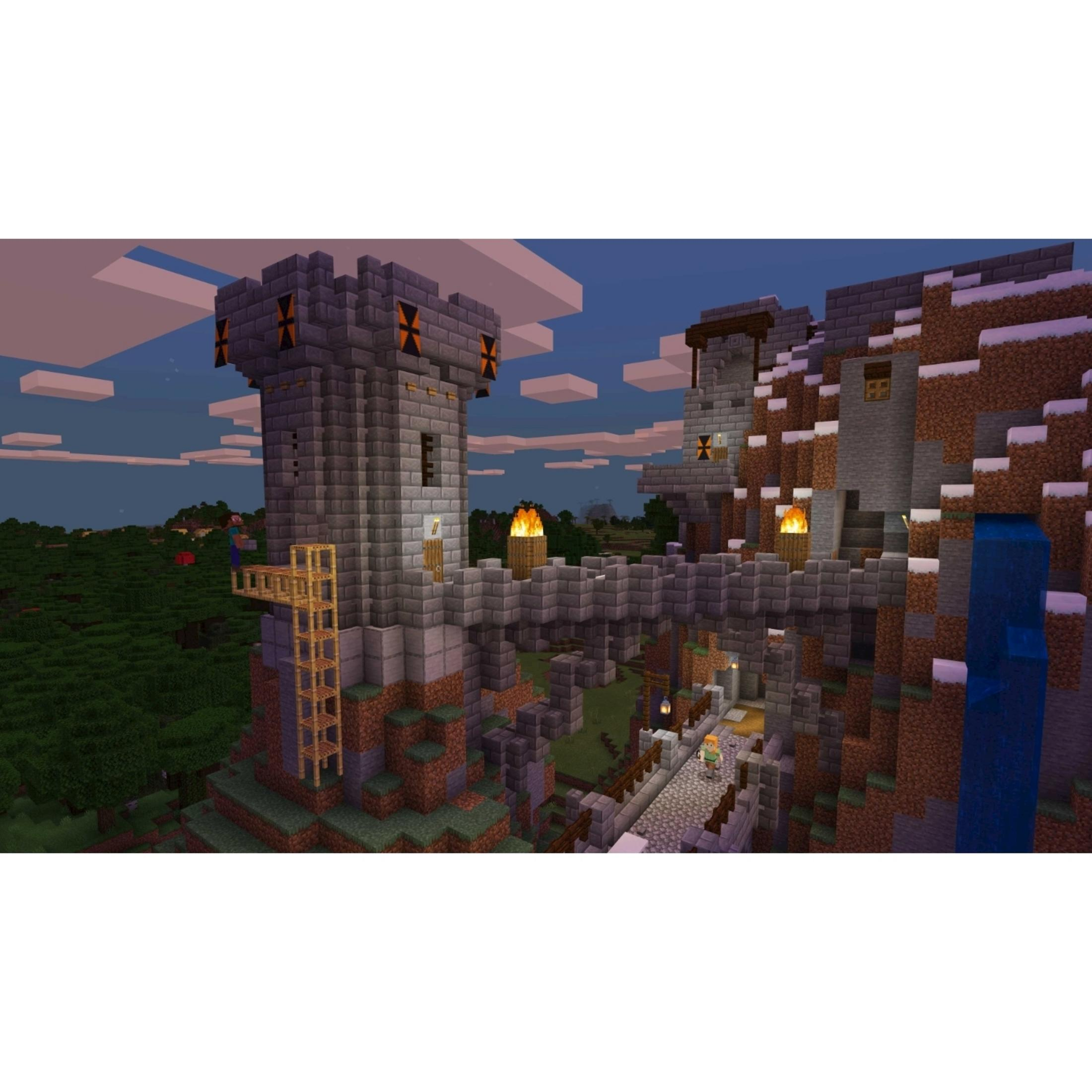 Eine Minecraft-Festung mit Türmen, Brücken und einer Wasserfall-Landschaft.