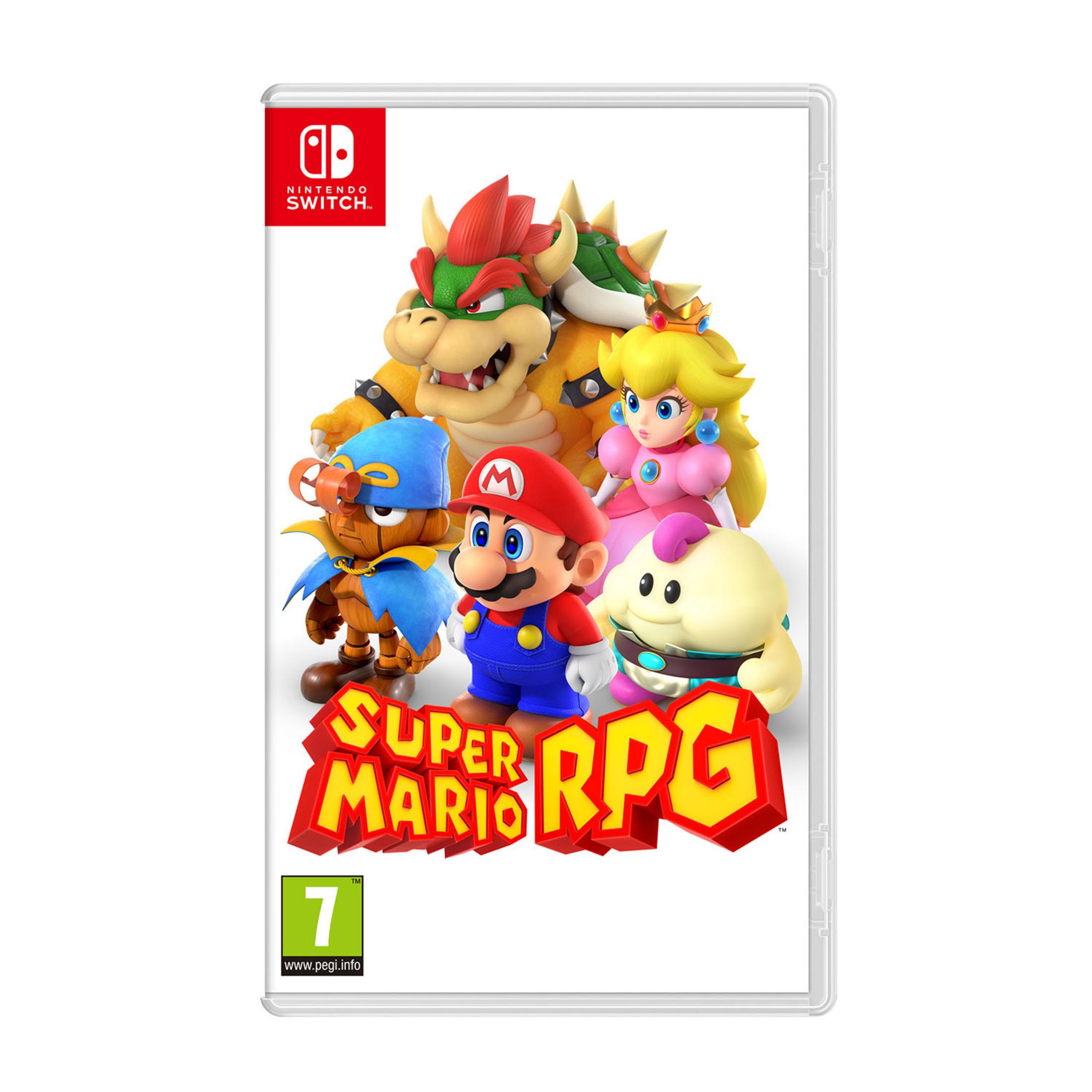 Copertina Super Mario RPG: Mario, Peach, Bowser e amici su sfondo bianco.