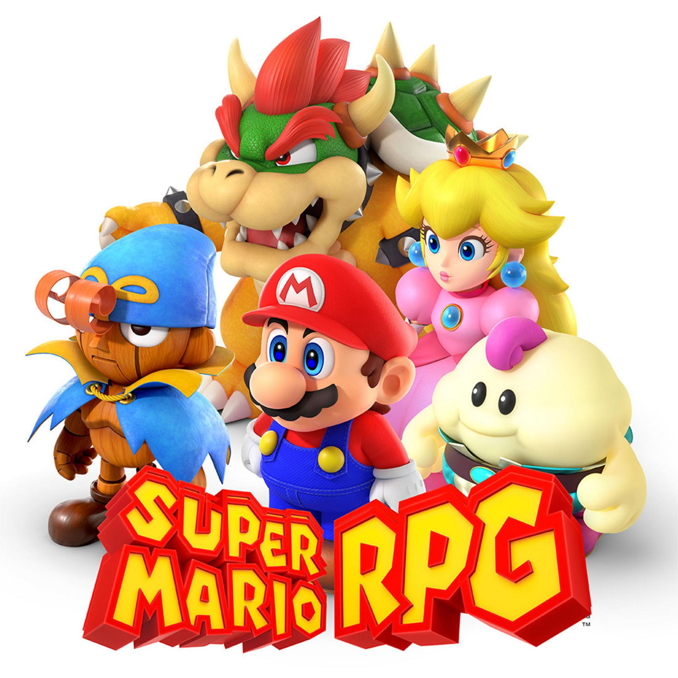 Mario, Principessa Peach, Bowser, Geno e Mallow davanti al logo "Super Mario RPG".