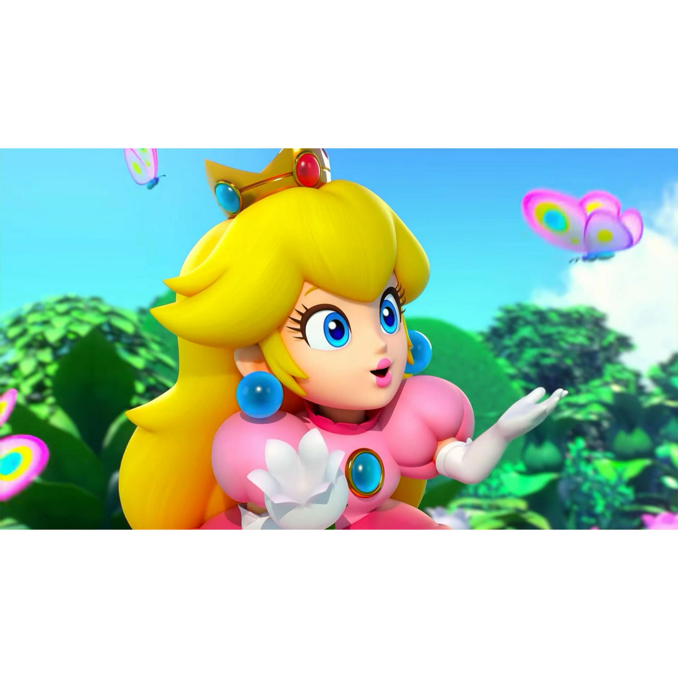 Principessa Peach in abito rosa con farfalle e alberi sullo sfondo.