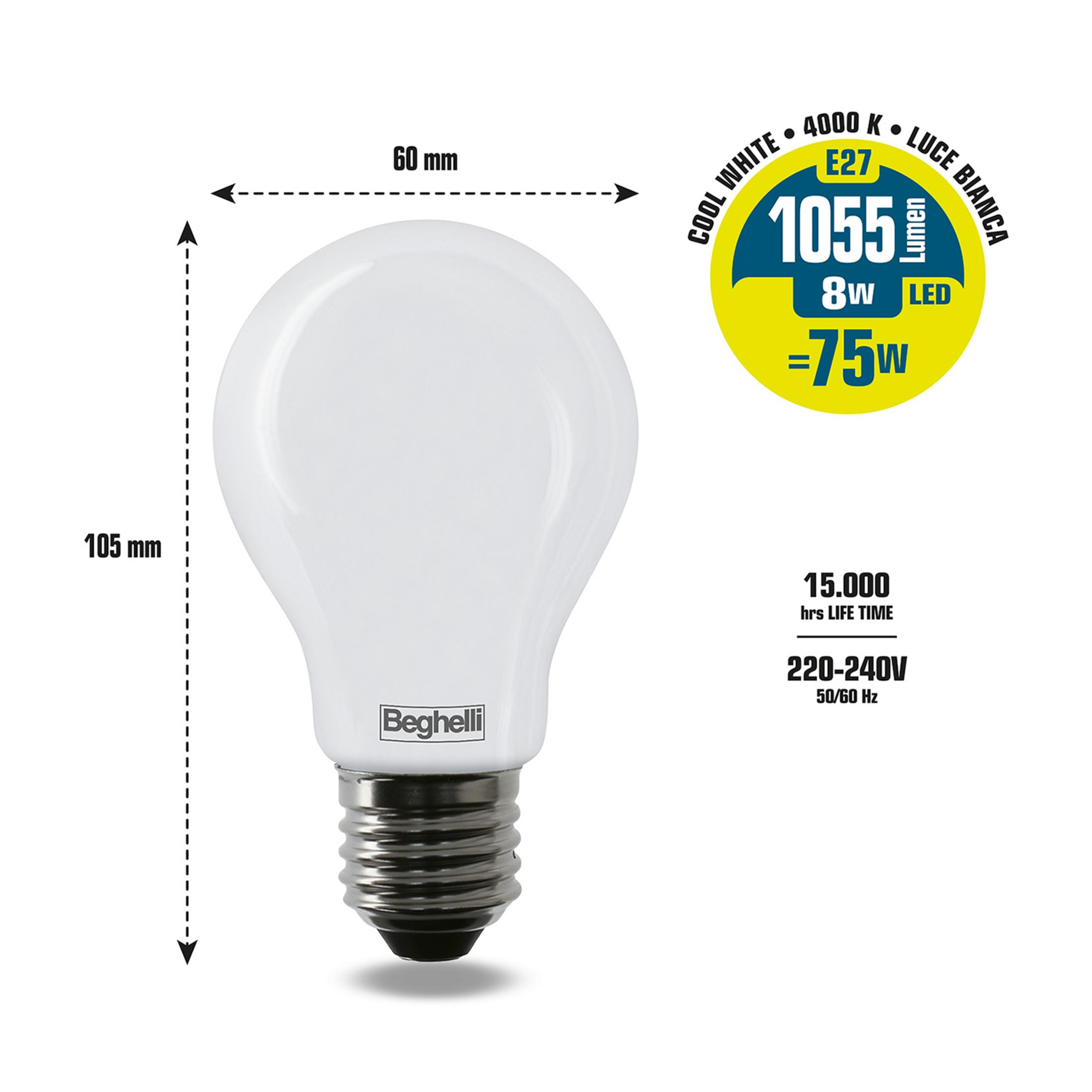 Biała żarówka LED Beghelli, 8W, 1055 lumenów, 4000K, 220-240V.