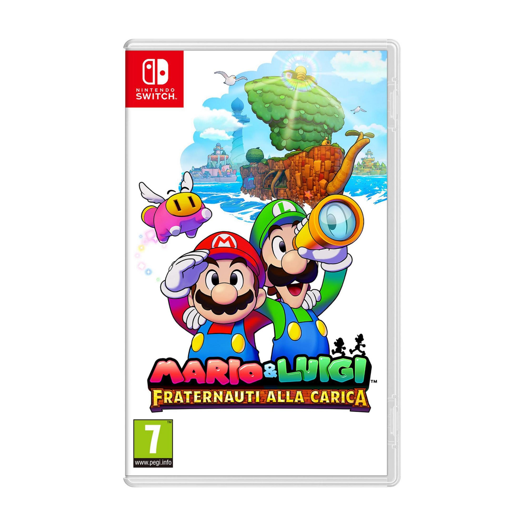 Mario e Luigi guardano con un telescopio un'isola con un albero.
