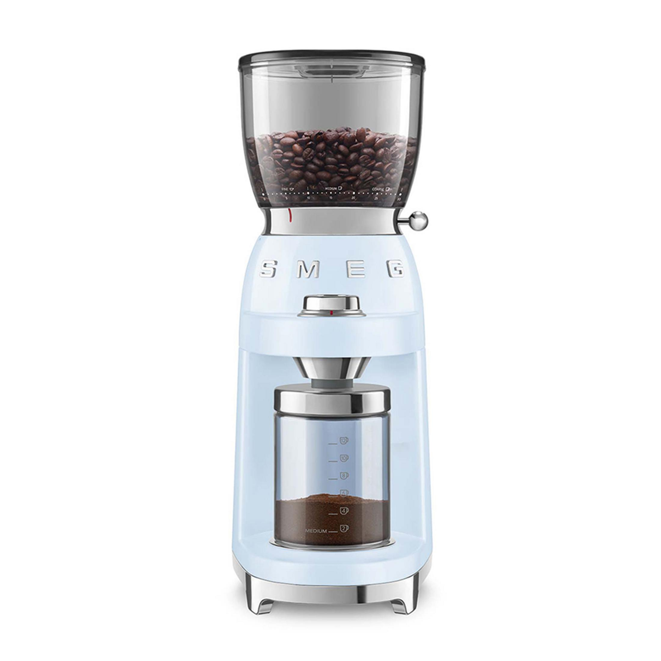 A light blue coffee grinder with beans in the top hopper and ground coffee in the lower container.