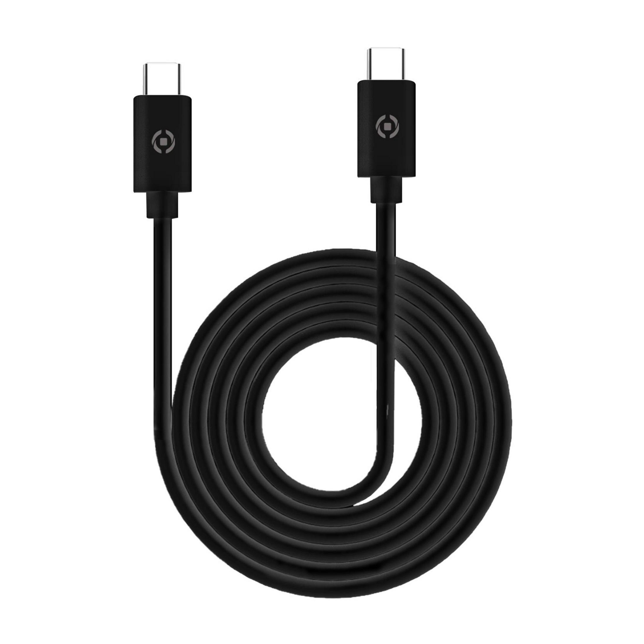 Un cavo USB-C nero giace avvolto su sfondo bianco.