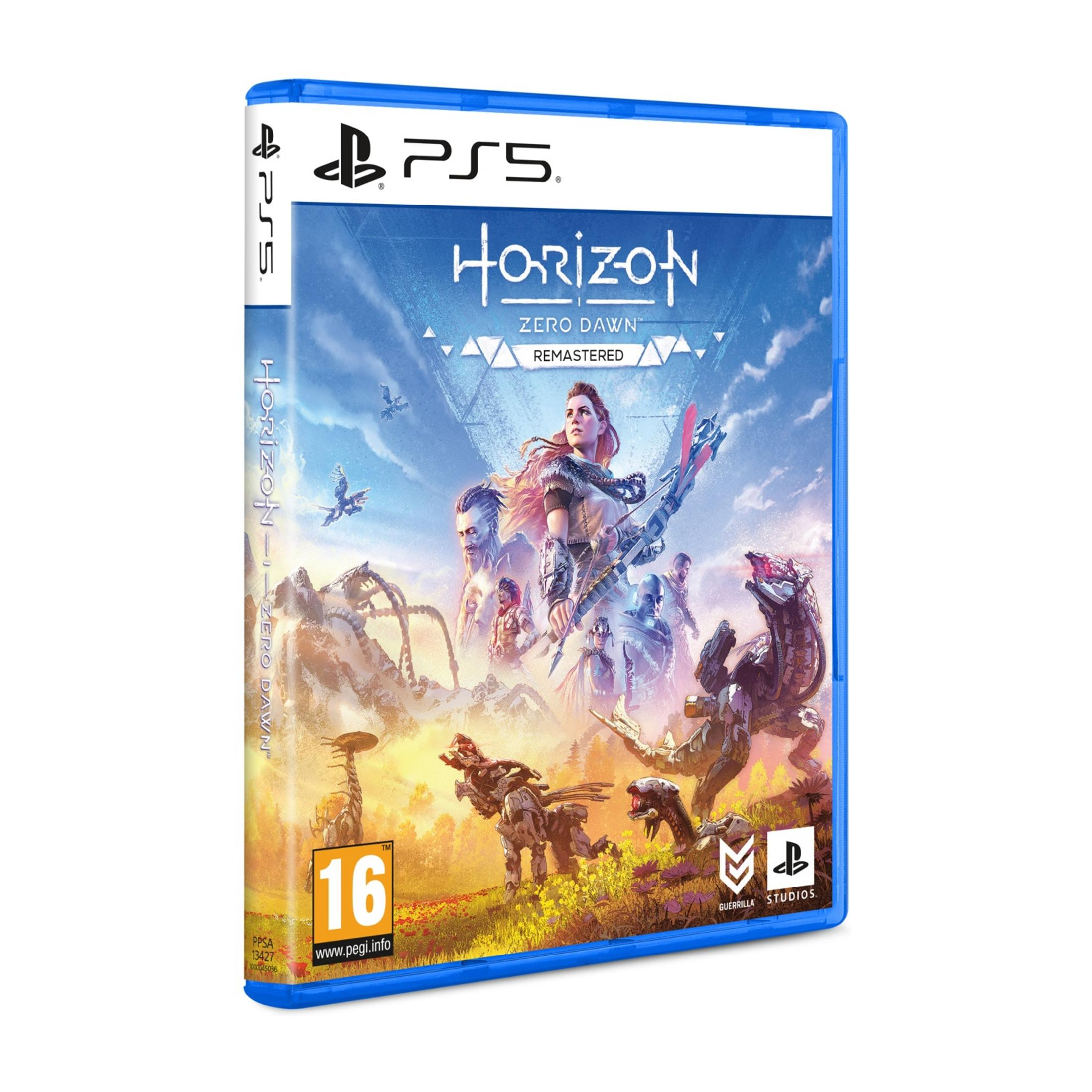 Custodia del gioco PS5 Horizon Zero Dawn Remastered con Aloy e creature robotiche.