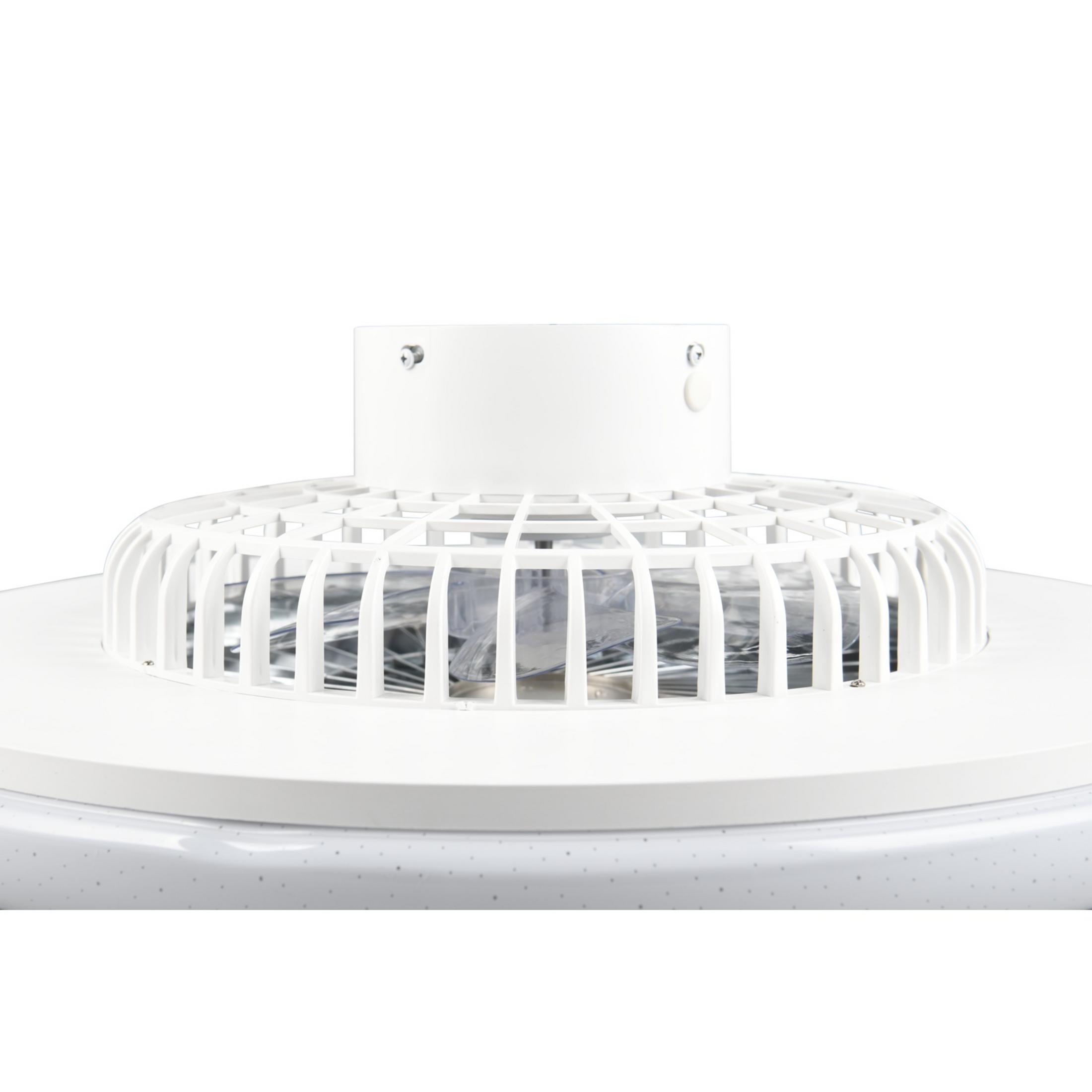 Primer plano de un ventilador blanco con aspa transparente.