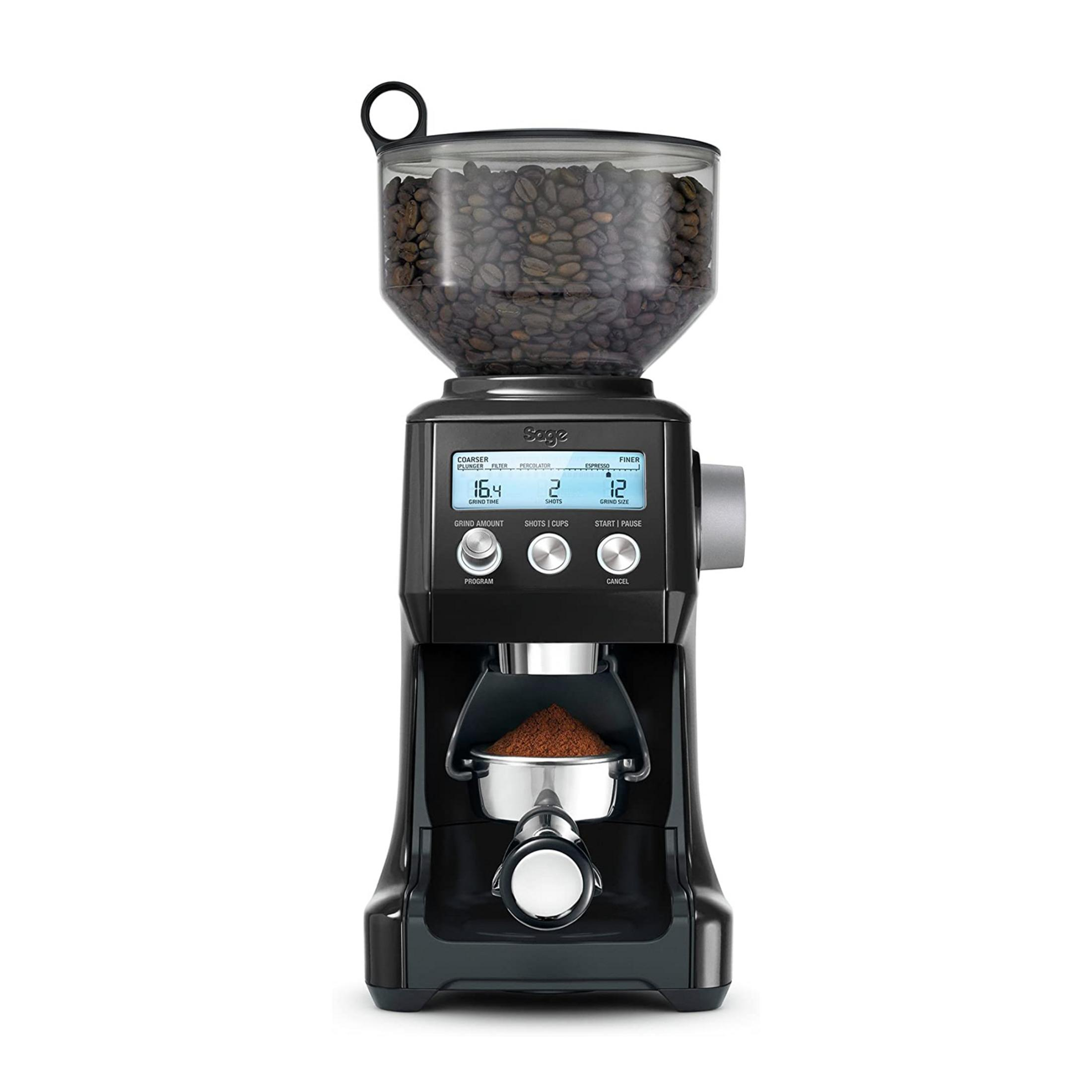 Schwarzer Kaffeemühle mit Bohnenbehälter, Mahlwerk und digitaler Anzeige.