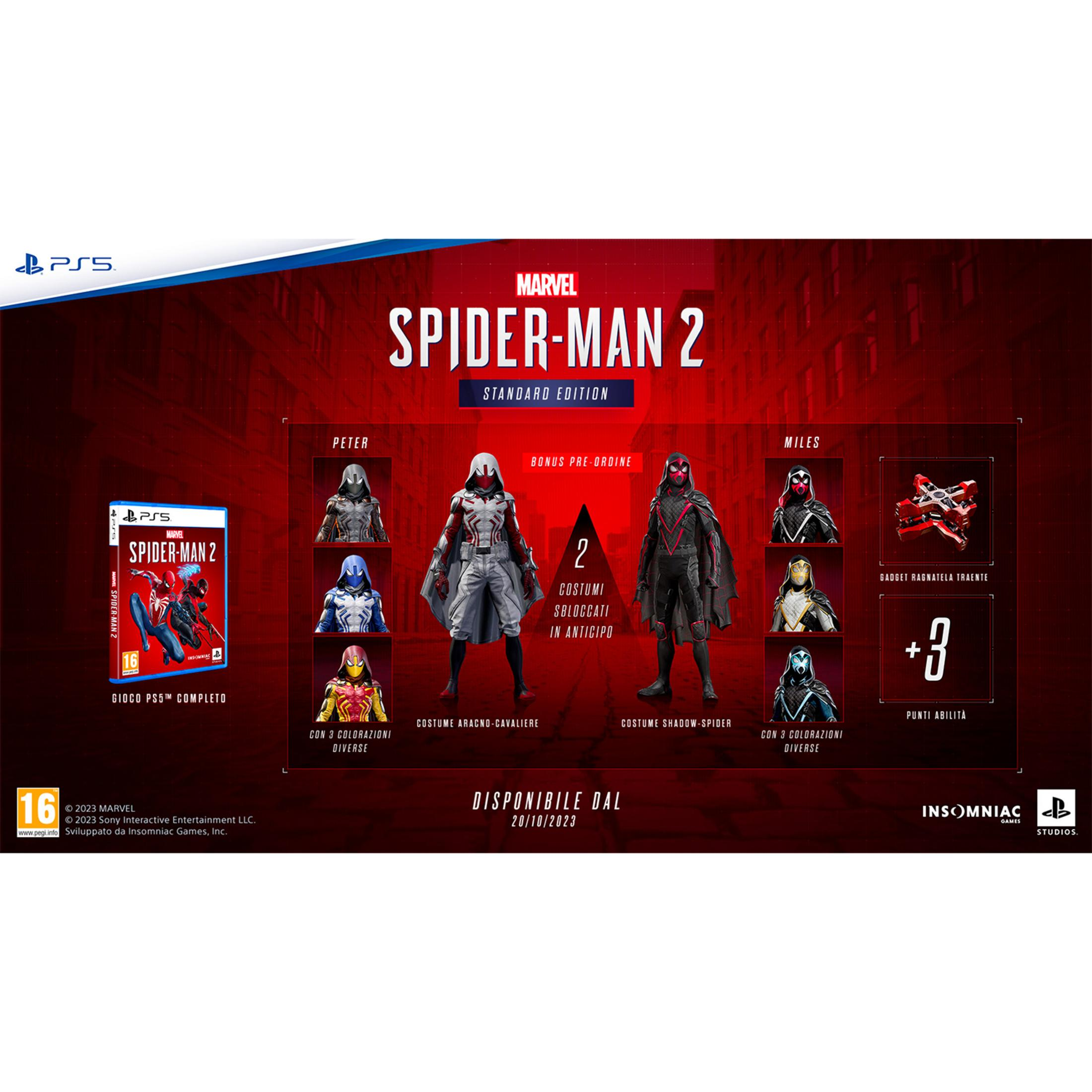 PS5 Spider-Man 2 Edycja Standardowa z bonusami za zamówienie: kostiumy, gadżet i punkty umiejętności.