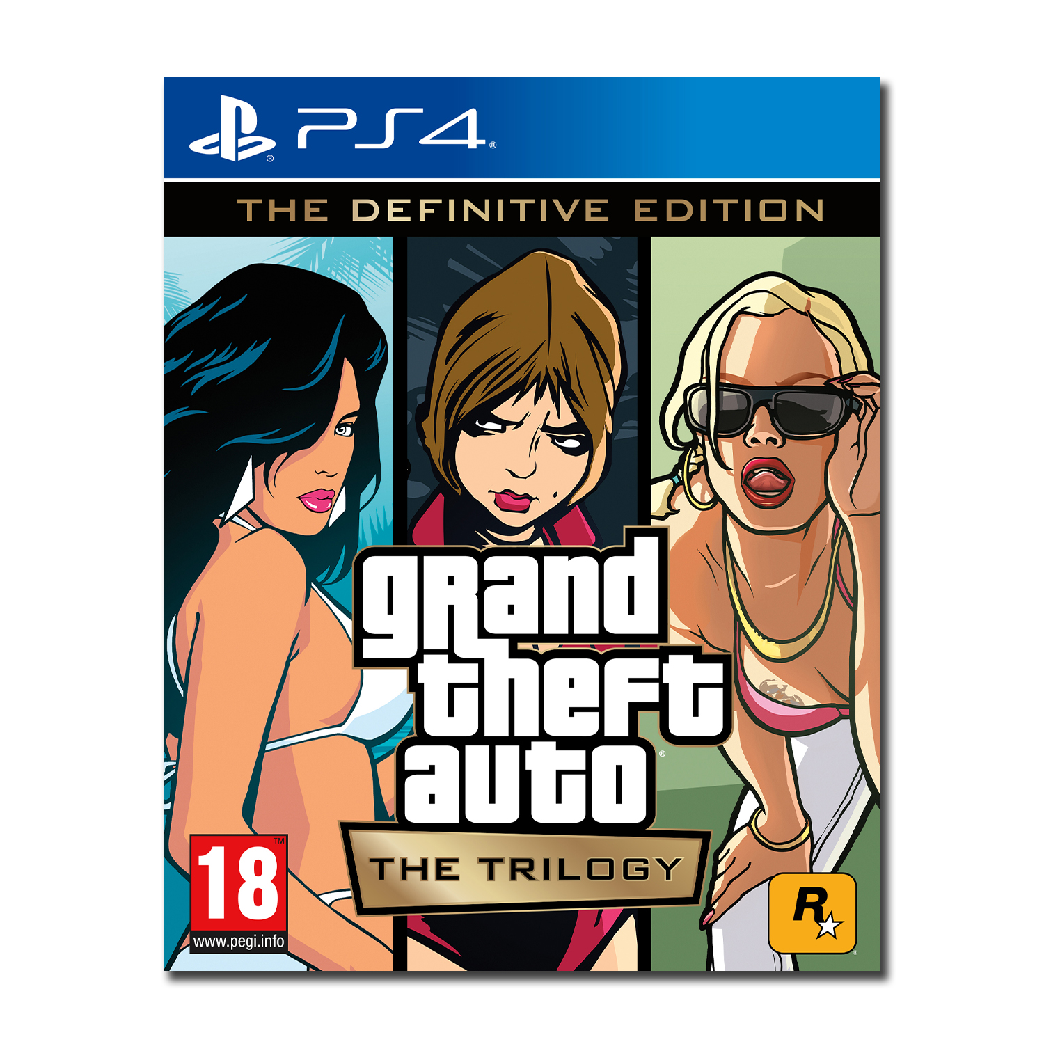 Copertina di GTA: The Trilogy - The Definitive Edition per PS4 con tre donne e loghi.