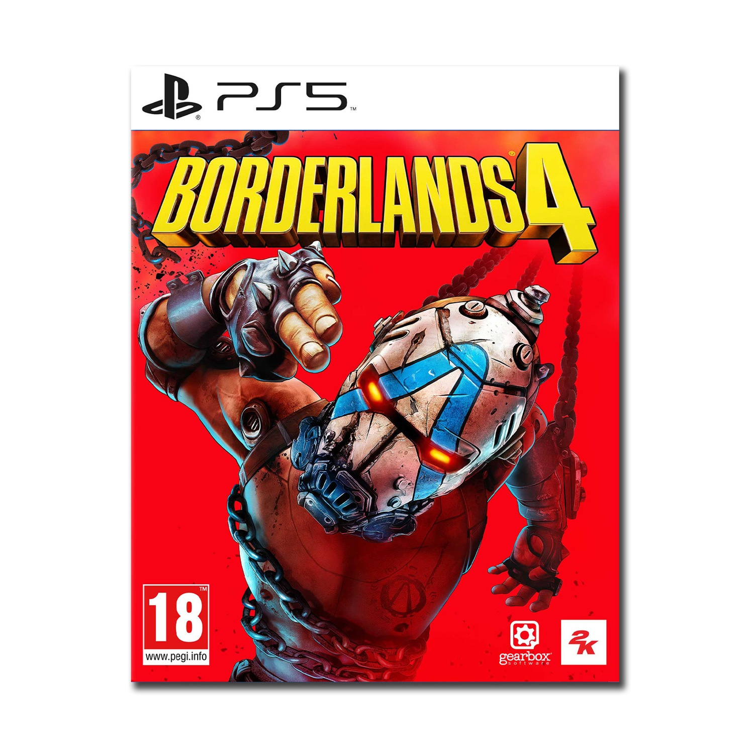 Copertina del gioco Borderlands 4 PS5 con catene e personaggio robot su sfondo rosso.