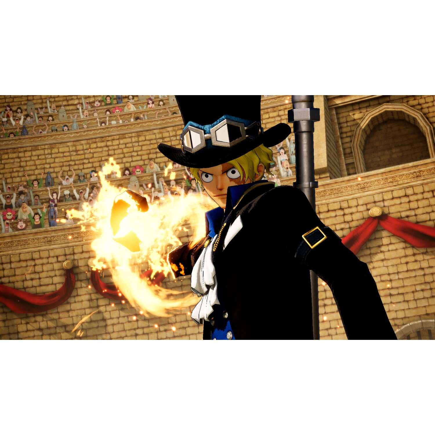 Personaggio anime con cappello e occhiali che tiene fuoco, con folla che acclama sullo sfondo.