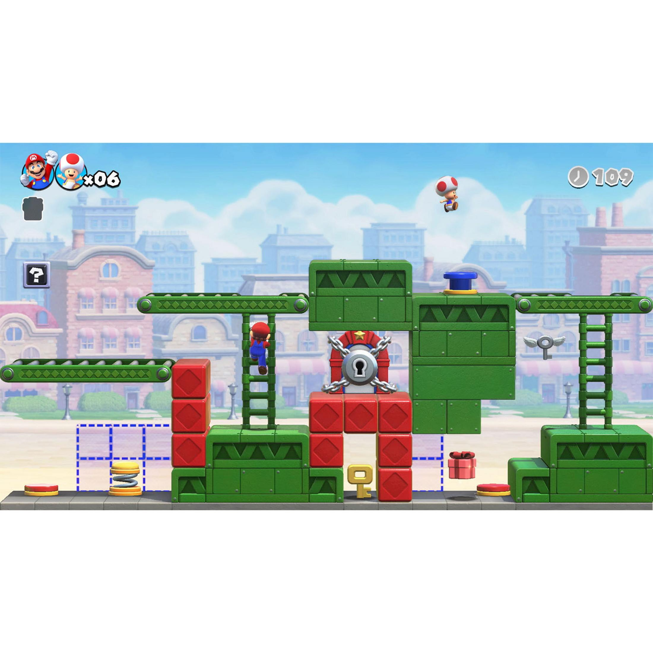 Mario sube una escalera. Un castillo cerrado está sobre bloques rojos. Una llave cerca.