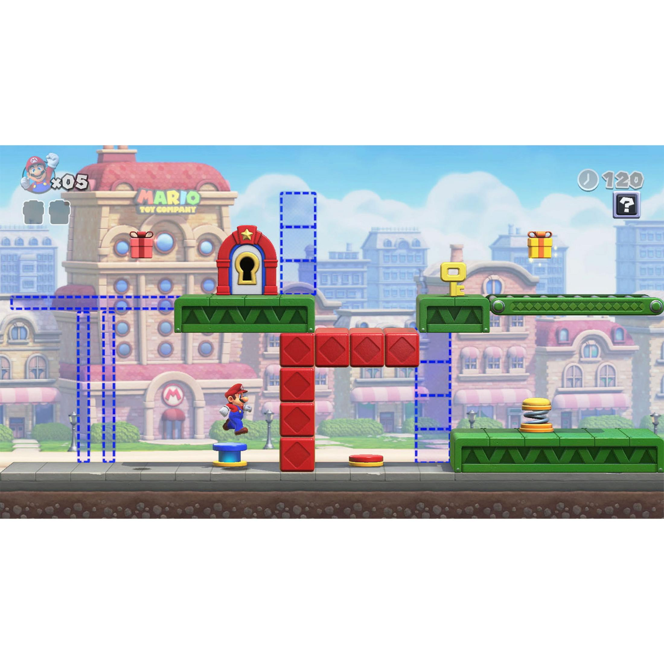 Mario salta en plataformas frente a edificios. Hay regalos y monedas visibles.