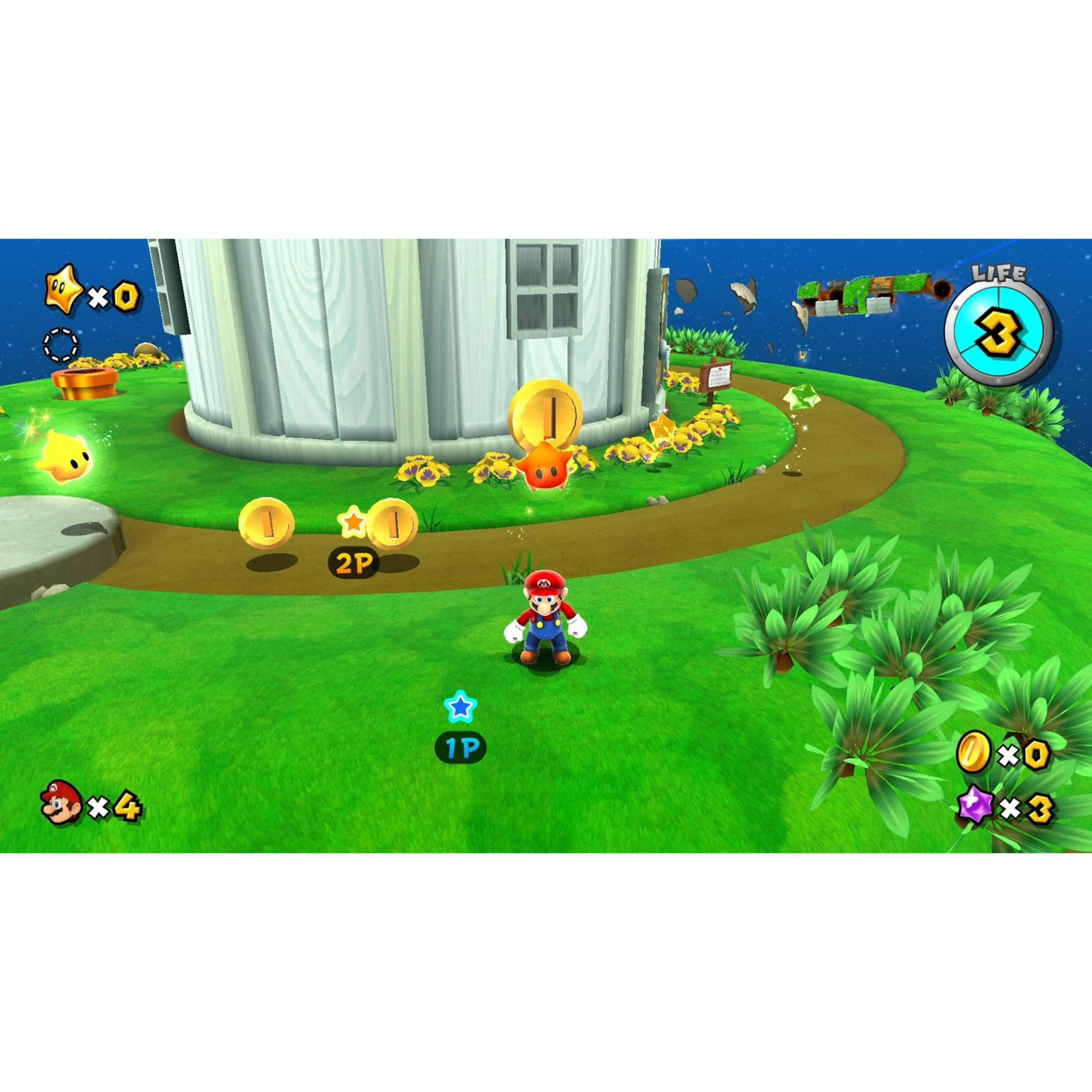 Mario está en una zona verde cerca de una torre blanca. Hay monedas y estrellas esparcidas.