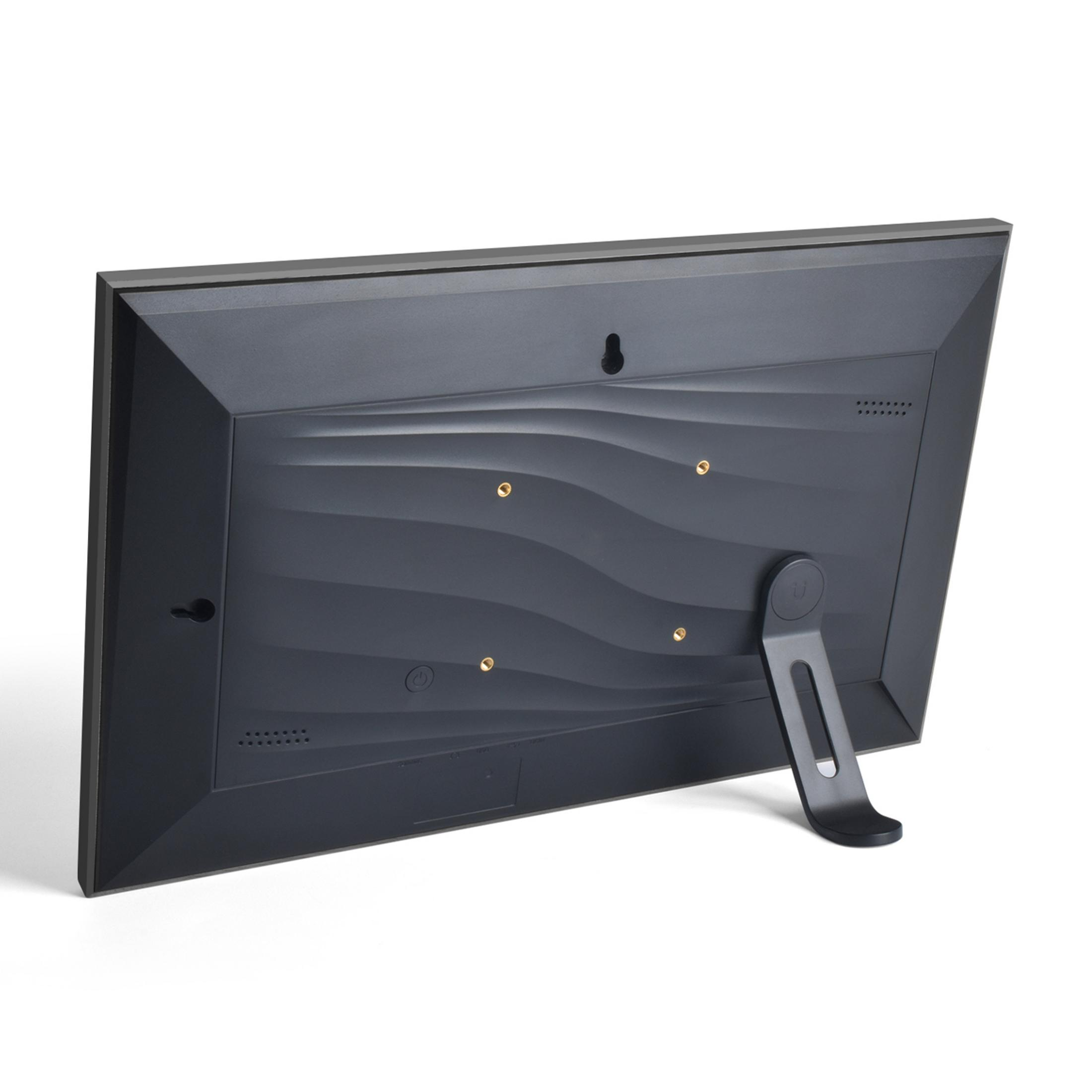 Il retro di una cornice digitale grigio scuro con supporto.