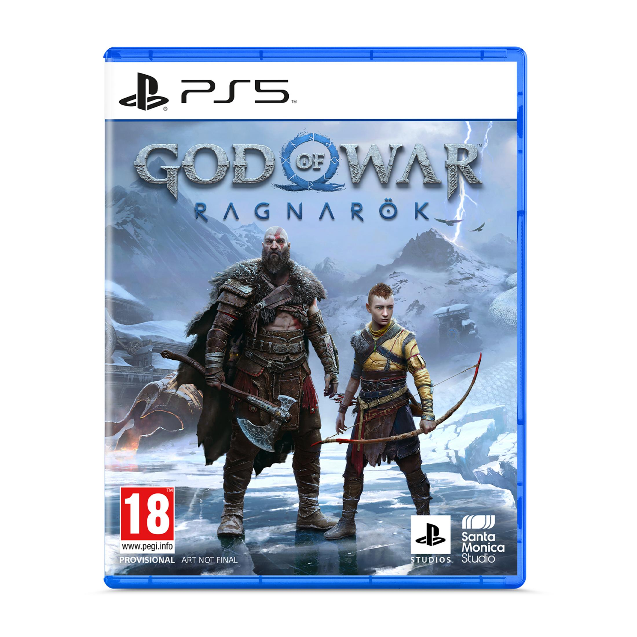 Custodia PS5 God of War Ragnarök con Kratos e Atreus su montagne innevate.