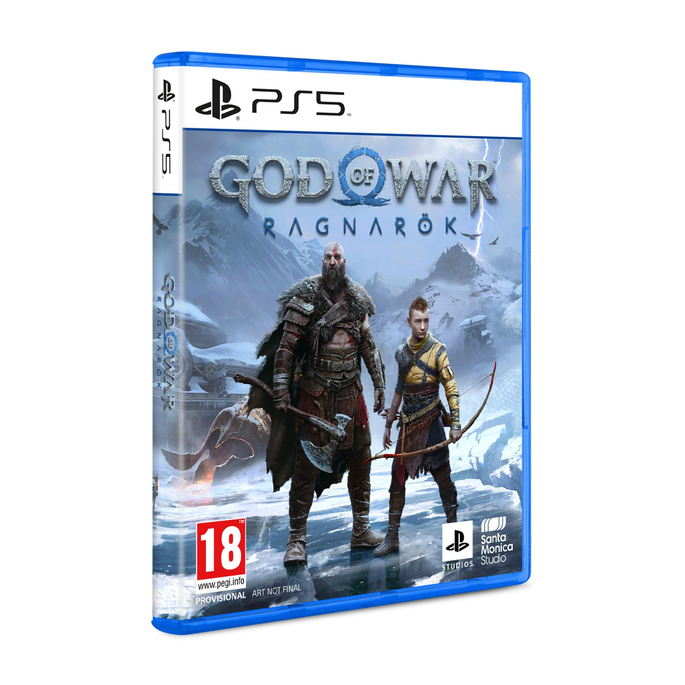 Custodia del gioco PS5 "God of War Ragnarök" con Kratos e Atreus tra montagne innevate.