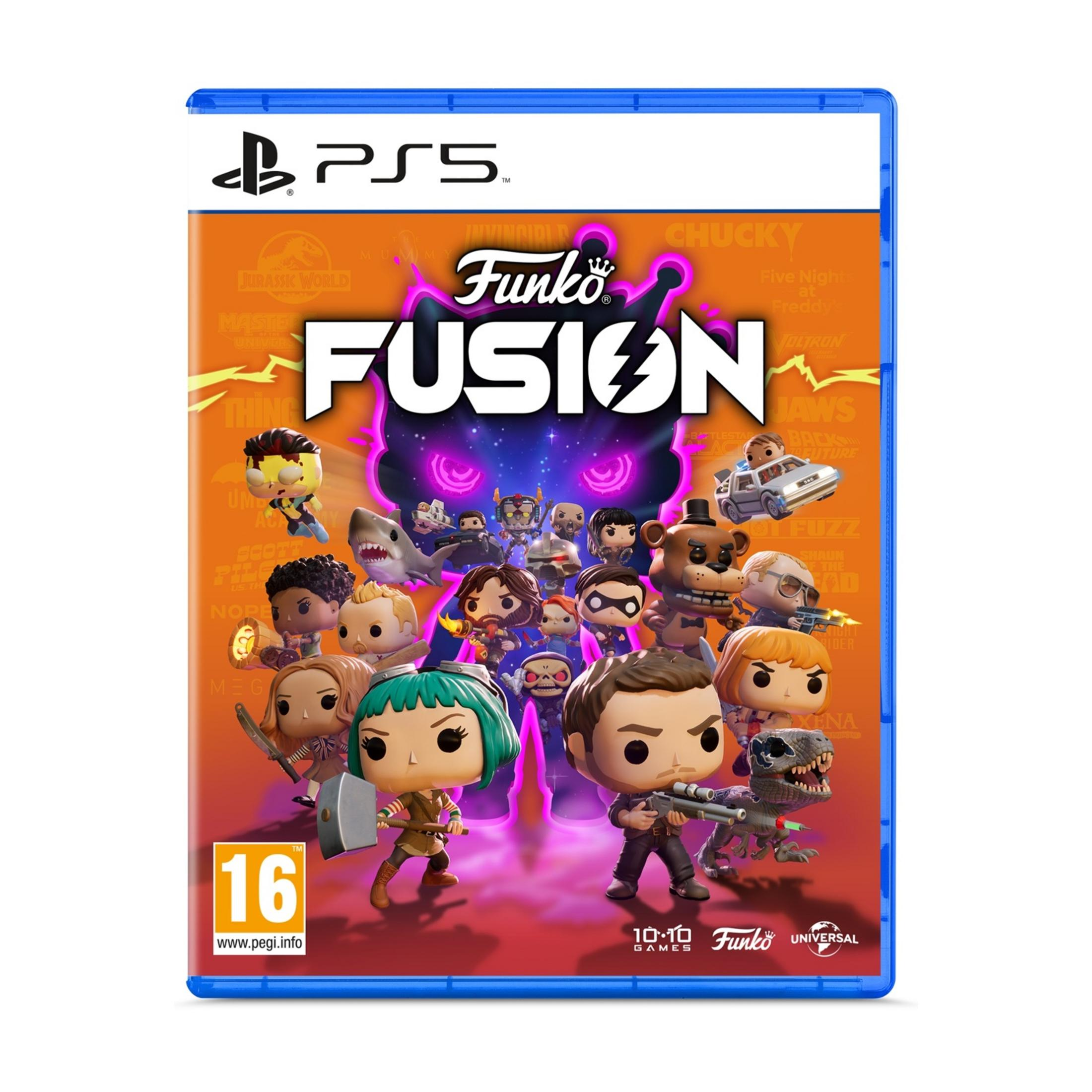 Funda de juego Funko Fusion PS5 con muchos personajes como Freddy, Chucky y un dinosaurio.