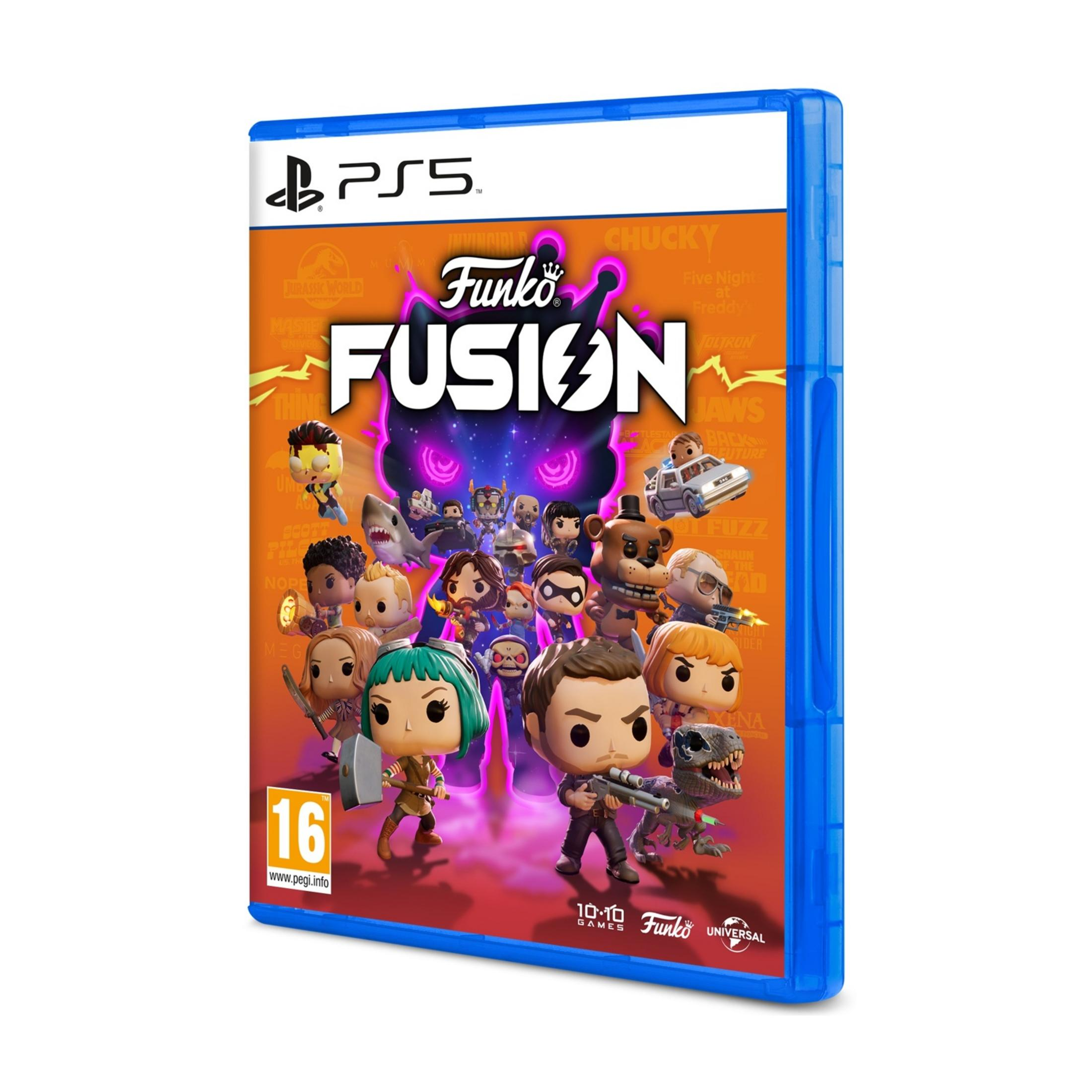 Caja de juego PS5 con figuras Funko Pop de varias franquicias sobre fondo naranja.