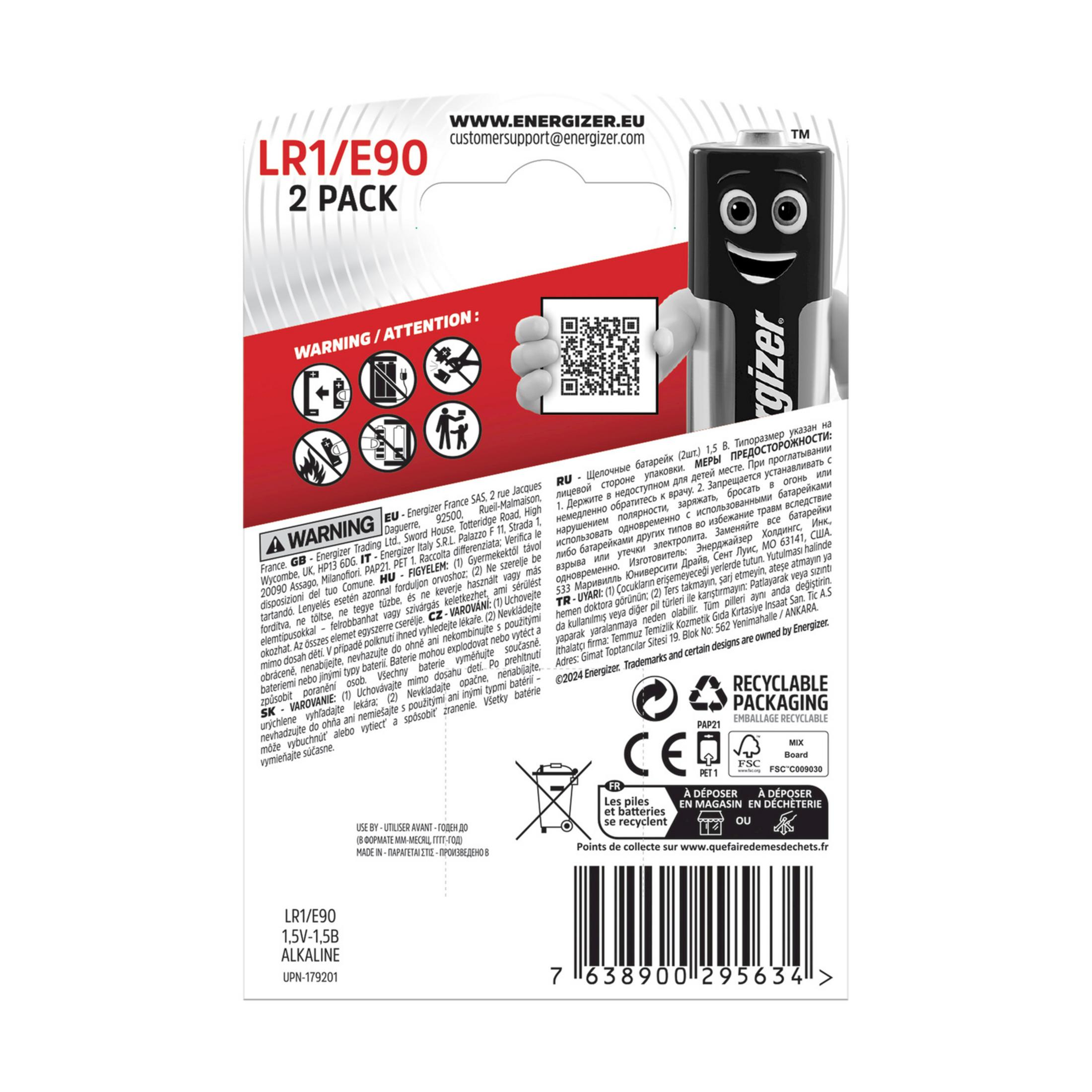Verpackung für 2 LR1/E90 Alkaline-Batterien mit Warnhinweisen und Recycling-Symbolen.