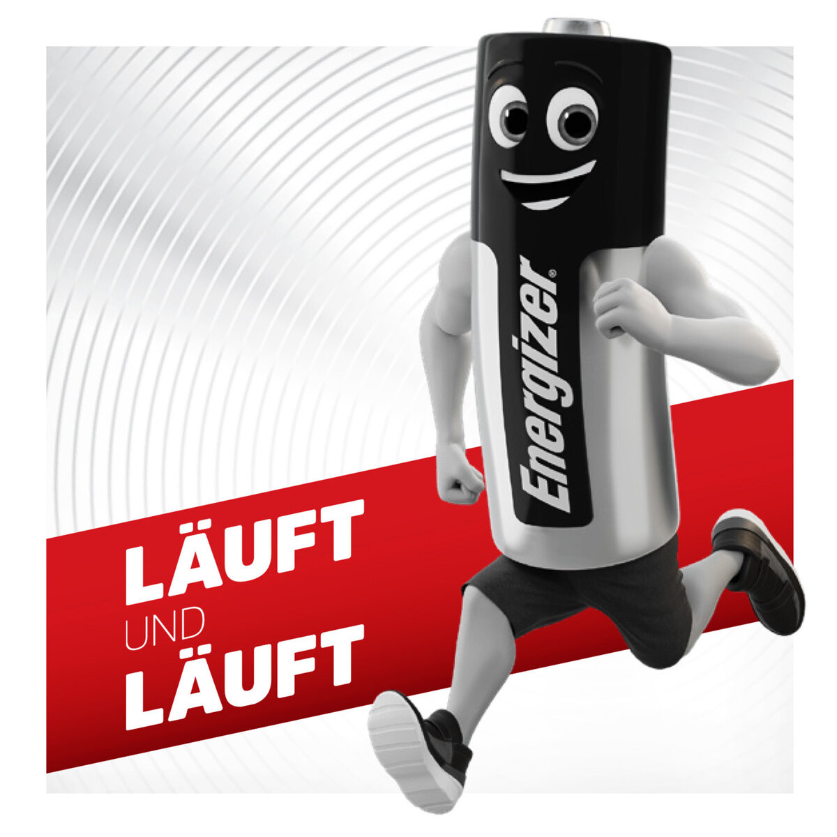 Energizer-Batterie mit Armen und Beinen rennt auf rotem Band.