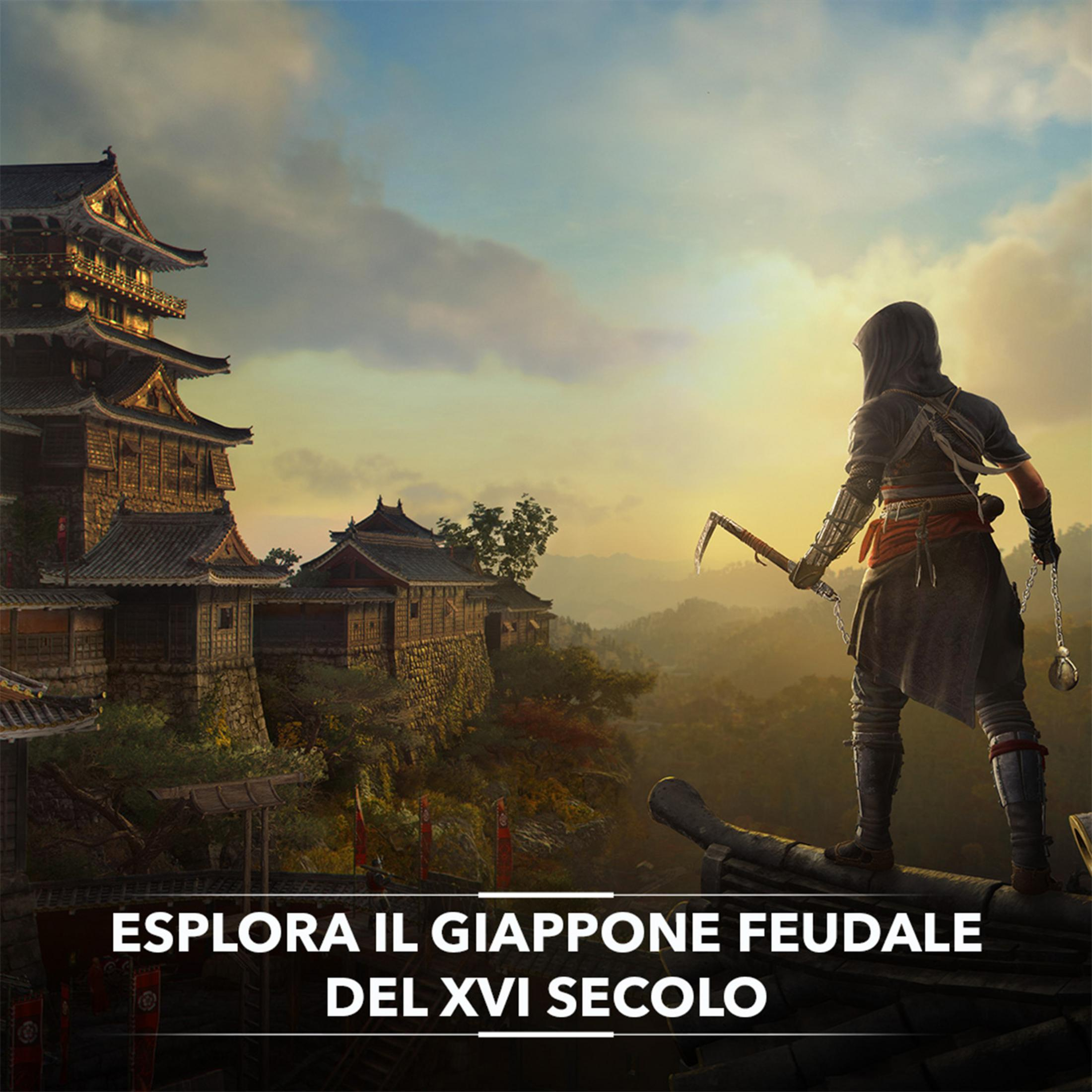 Un samurai si trova su un tetto, con un castello sullo sfondo.