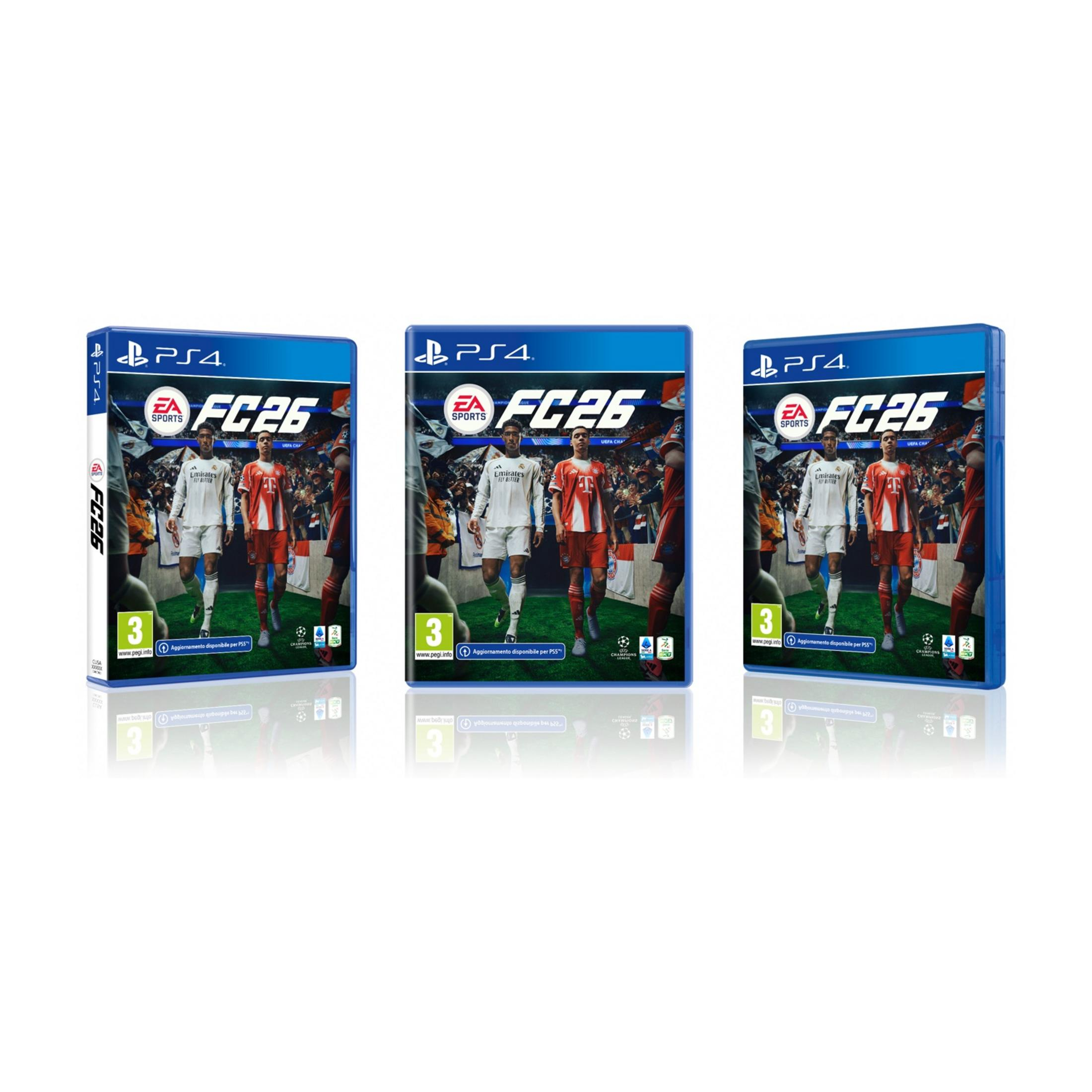 Tre custodie per PS4 per EA SPORTS FC 26, con calciatori in copertina.