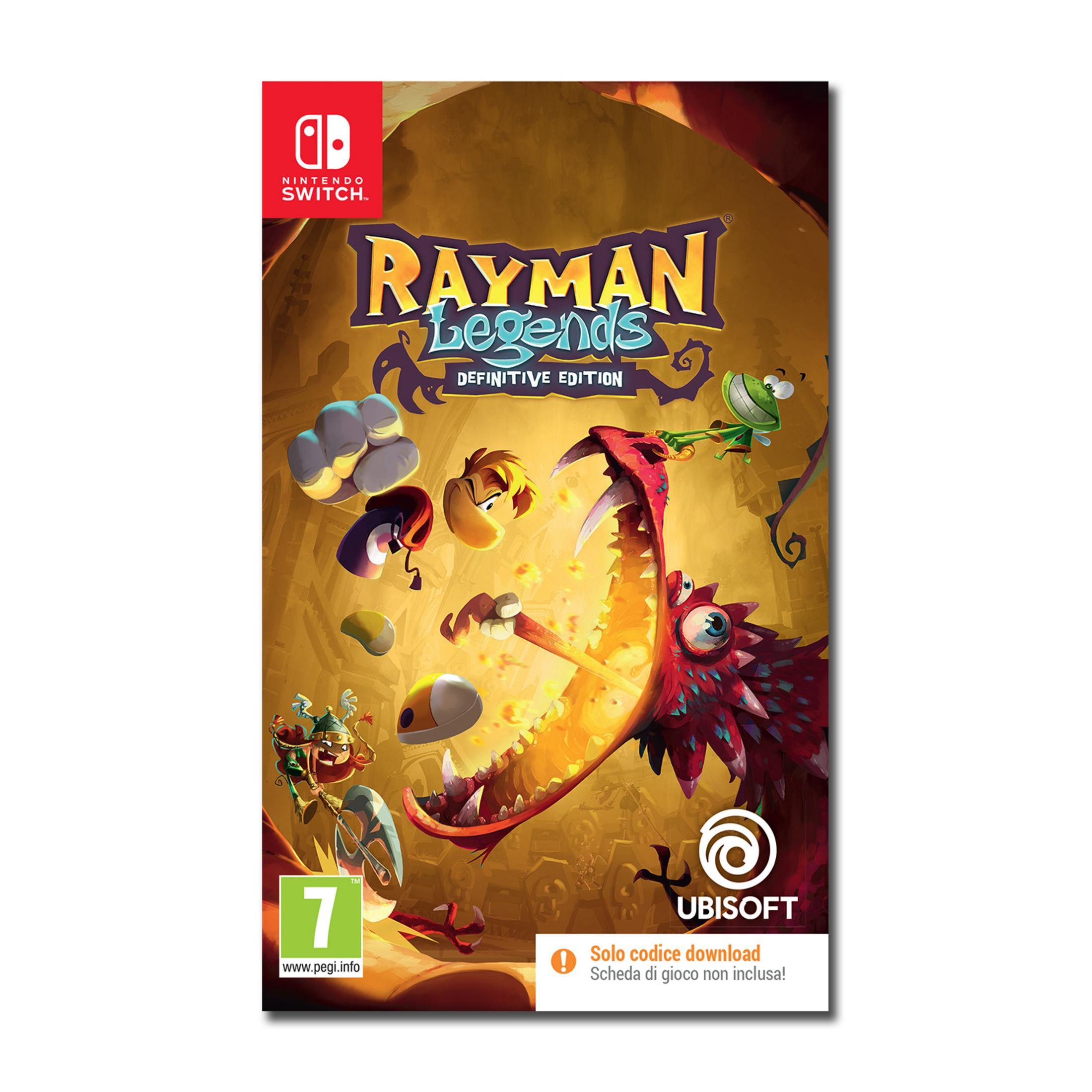 Copertina Rayman Legends Definitive Edition Nintendo Switch con personaggi e un drago rosso.