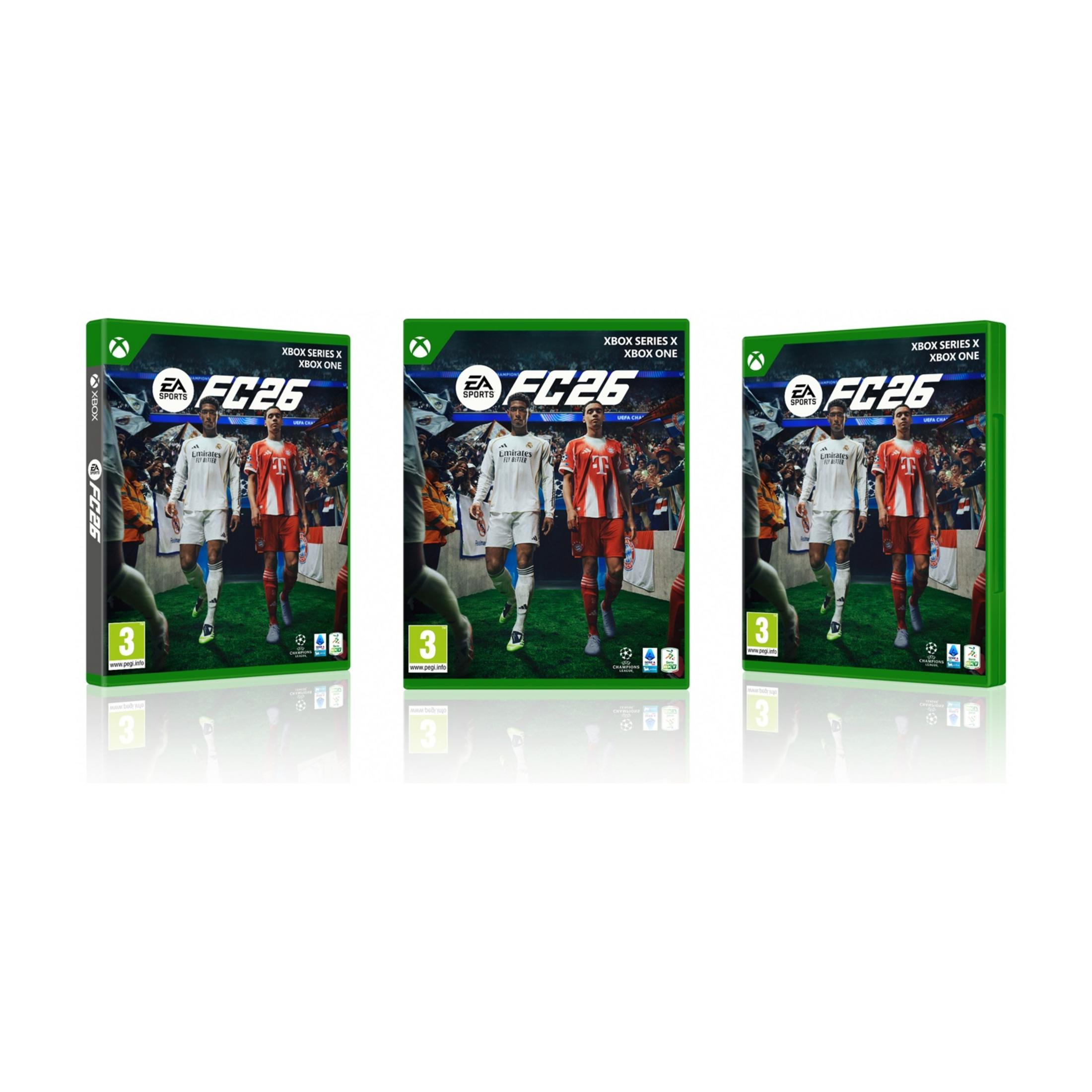 Tre custodie di giochi Xbox FC 26 una accanto all'altra con calciatori.