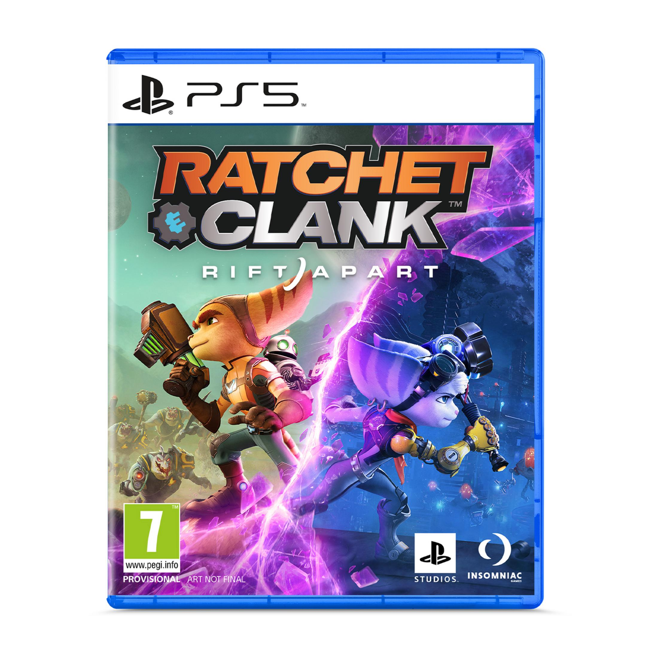 Copertina gioco PS5 Ratchet & Clank: Rift Apart con personaggi e logo su sfondo spaziale.