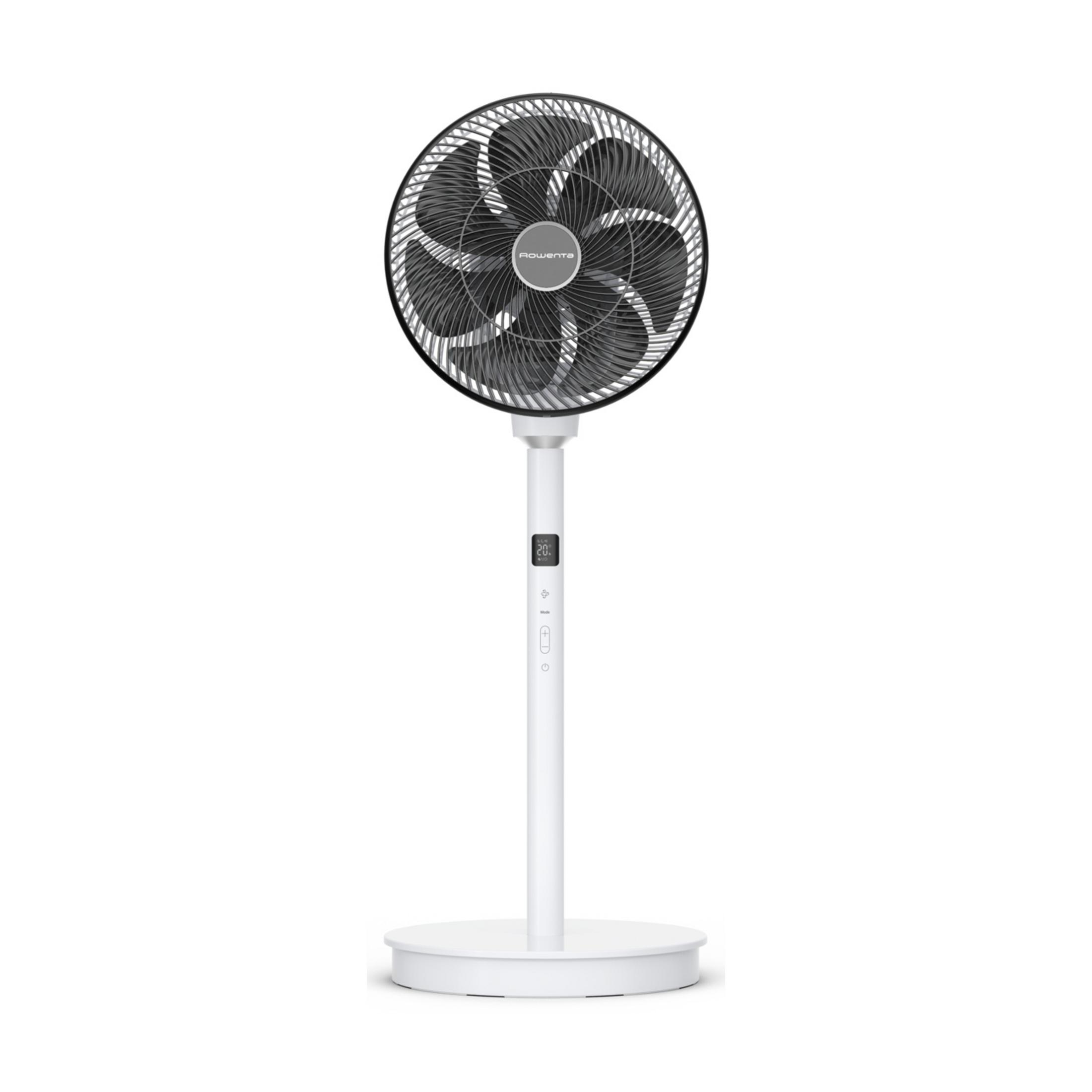 Ein weißer Standventilator mit schwarzem Gitter und Rotorblättern.