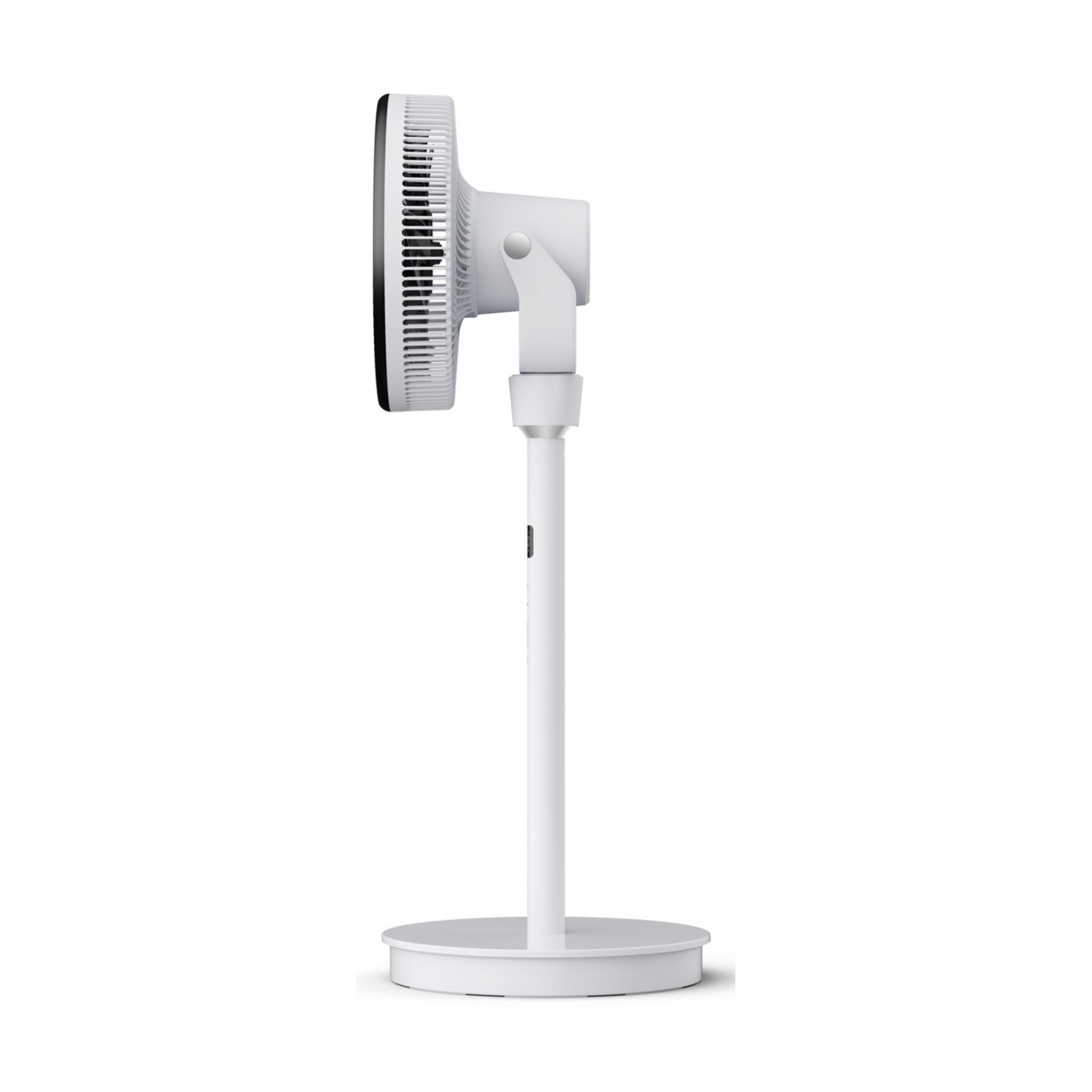 Ein weißer Standventilator mit schwarzem Gitter, von der Seite gezeigt.