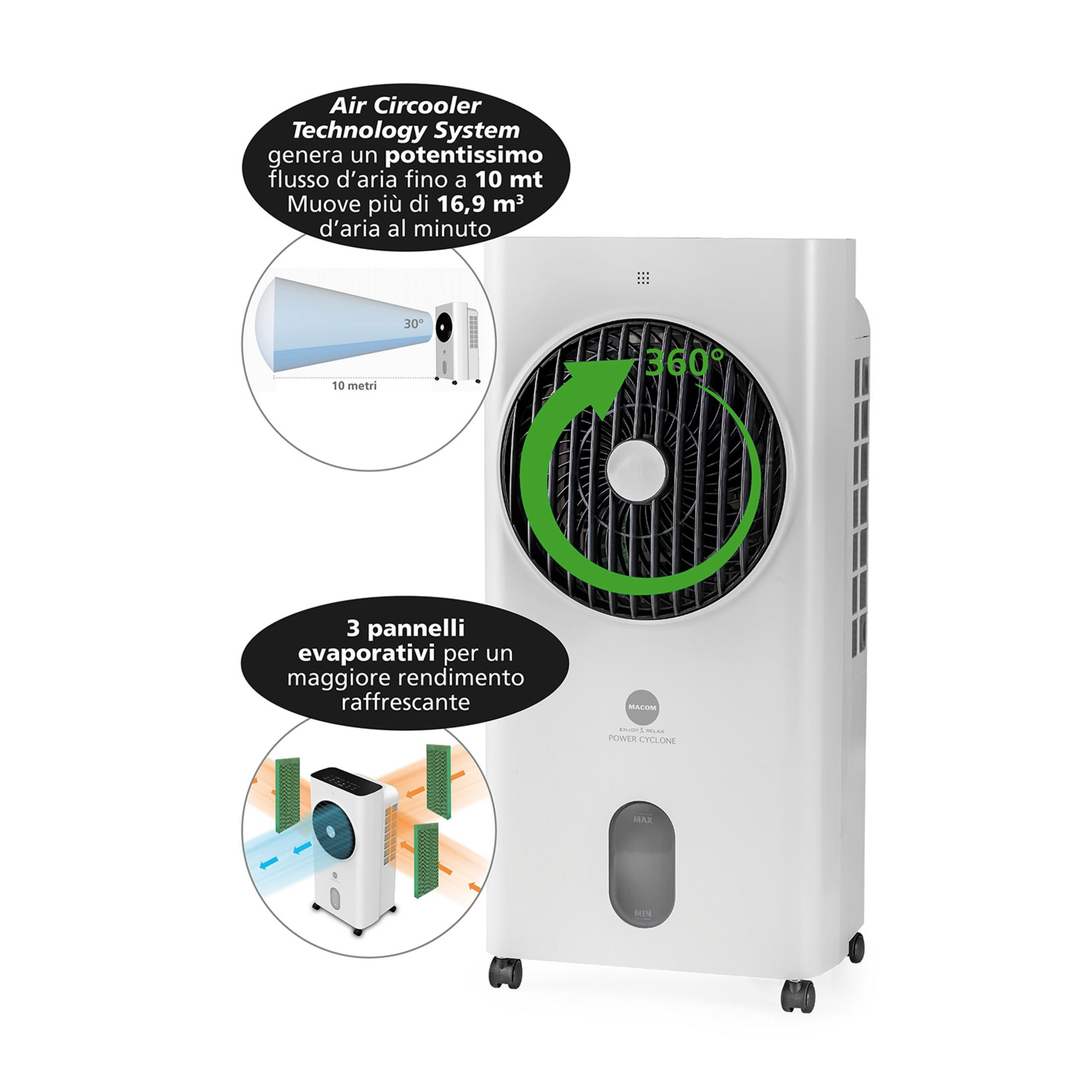 Enfriador de aire blanco con gran ventilador, 3 paneles evaporativos y depósito.