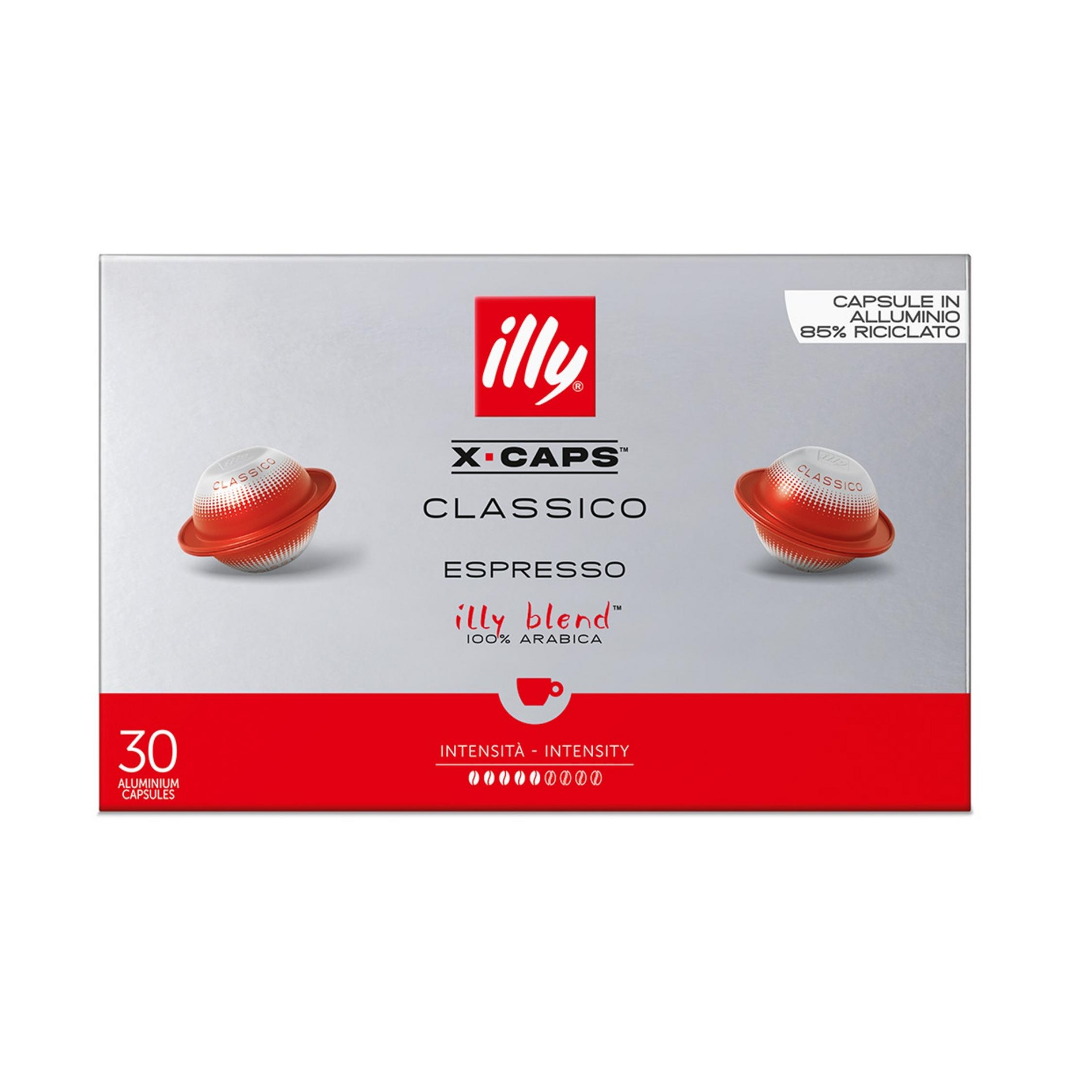 Capsule Illy X-Caps Classico Espresso, 30 pezzi, confezione rossa e argento.